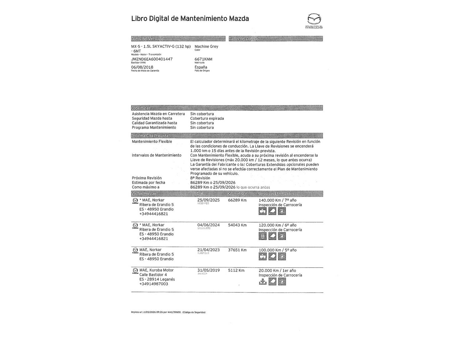 Foto del mantenimiento del Mazda MX-5 Mazda MX-5 1.5 Zenith Nappa Safety RF (132 CV)