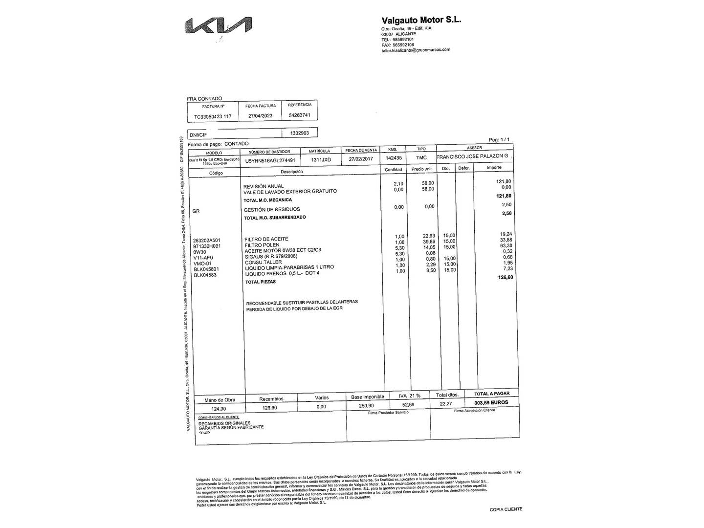 Foto del mantenimiento del KIA Ceed KIA Ceed 1.6 CRDi VGT x-Tech16 Eco-Dynamics (136 CV)