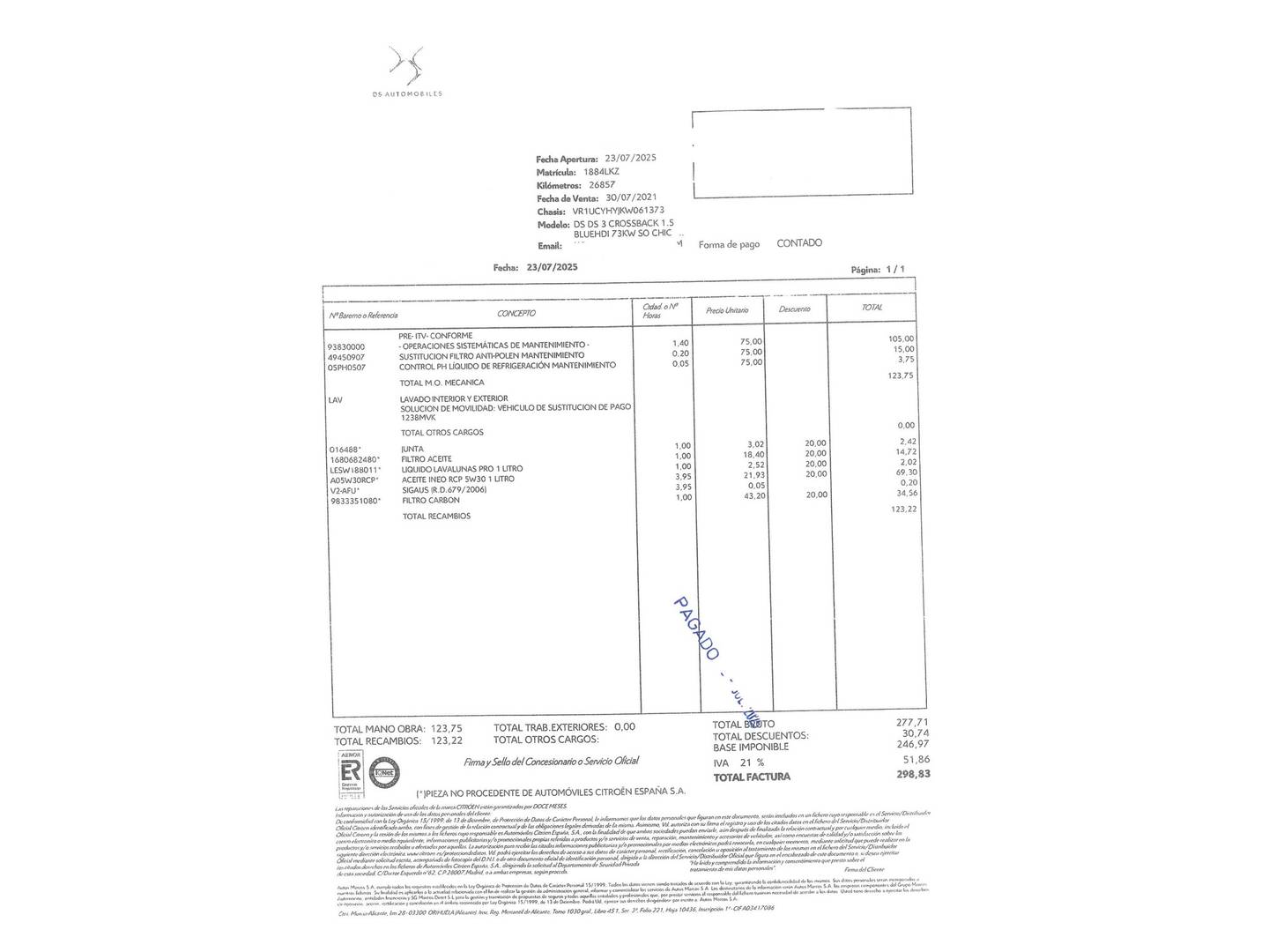 Foto del mantenimiento del DS DS 3 Crossback DS DS3 BlueHDi 100 So Chic (100 CV)