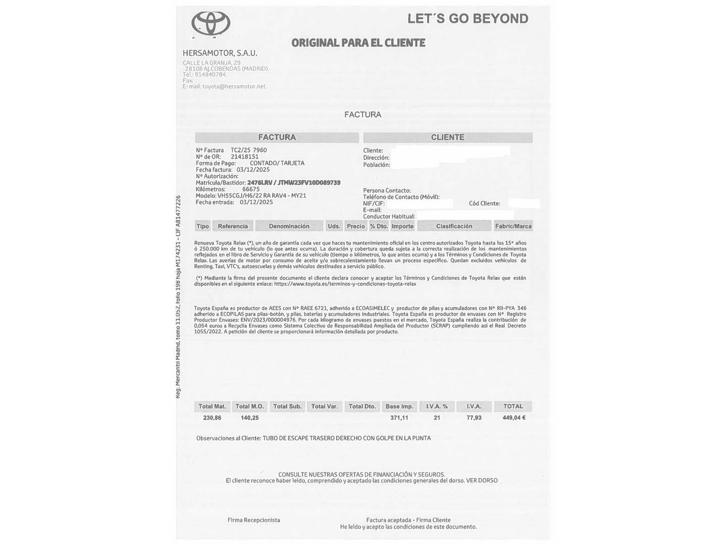 Foto del mantenimiento del Toyota Rav4 Toyota Rav4 2.5l hybrid Advance (218 CV)