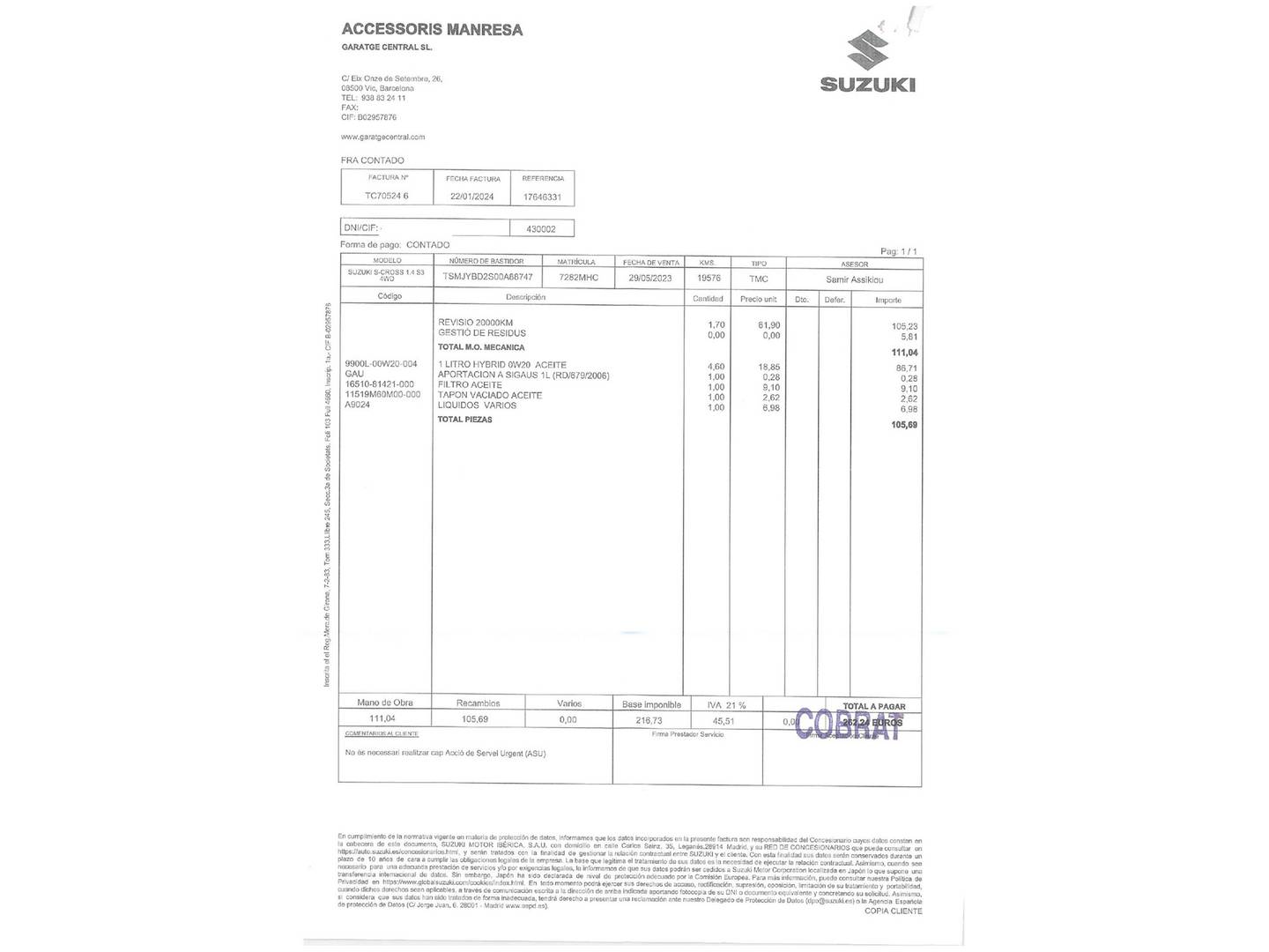 Foto del mantenimiento del Suzuki S-Cross Suzuki S-Cross 1.4T Mild Hybrid S3 4WD (129 CV) 4x4