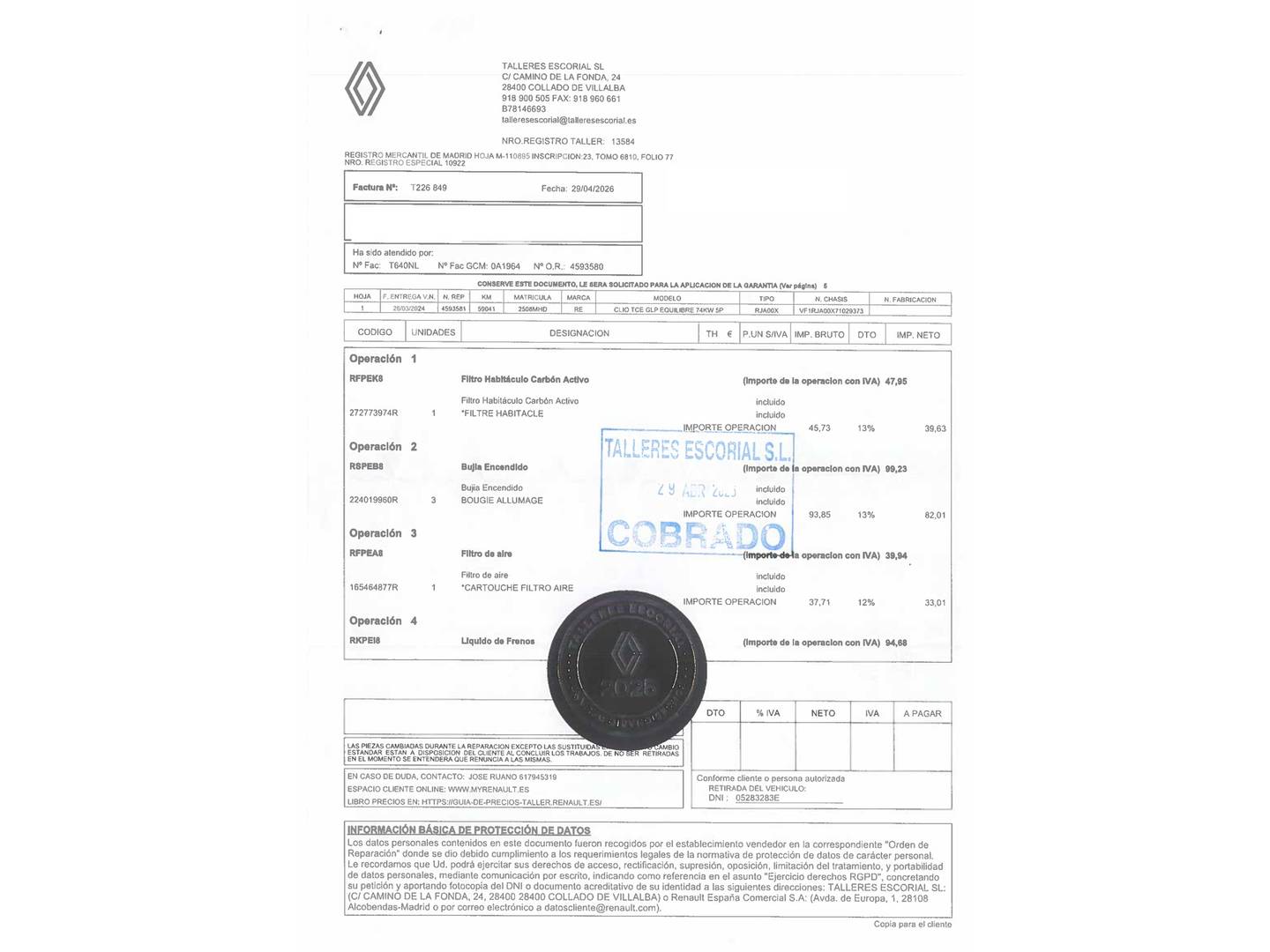 Foto del mantenimiento del Renault Clio Renault Clio Equilibre TCe (100 CV) GLP