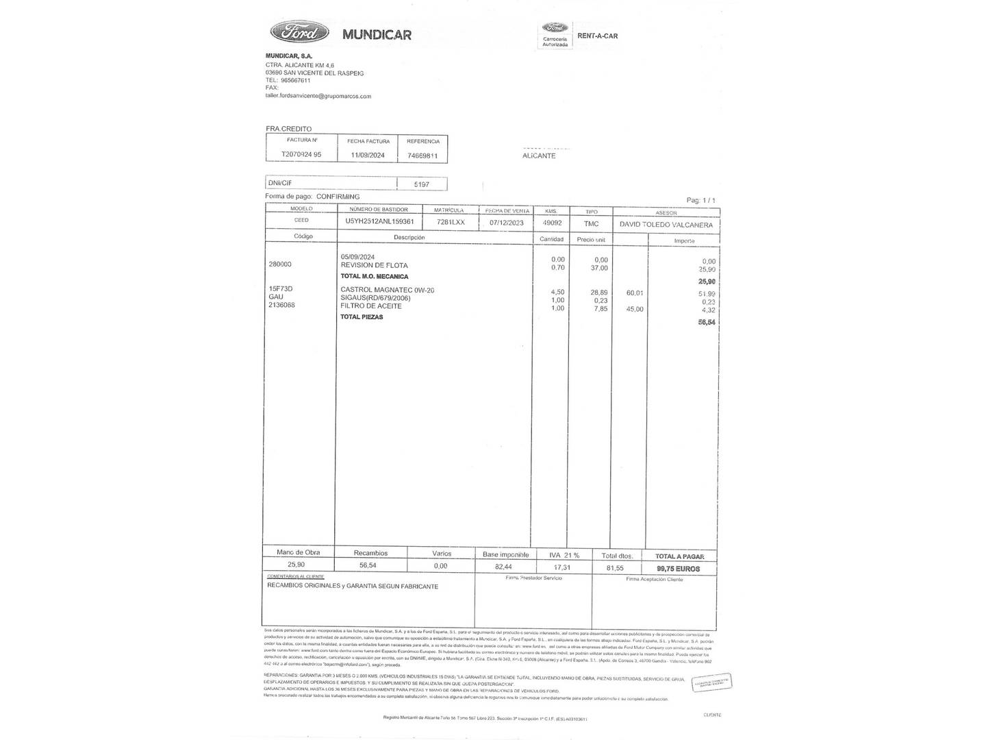 Foto del mantenimiento del KIA Ceed KIA Ceed 1.0 T-GDI Drive (100 CV)