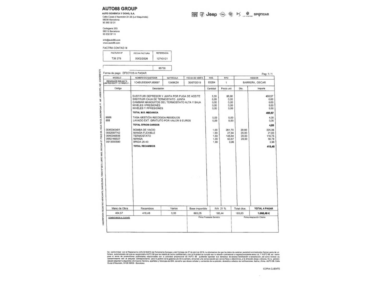 Foto del mantenimiento del Jeep Renegade Jeep Renegade 1.3G Limited 4x2 DDCT (150 CV)