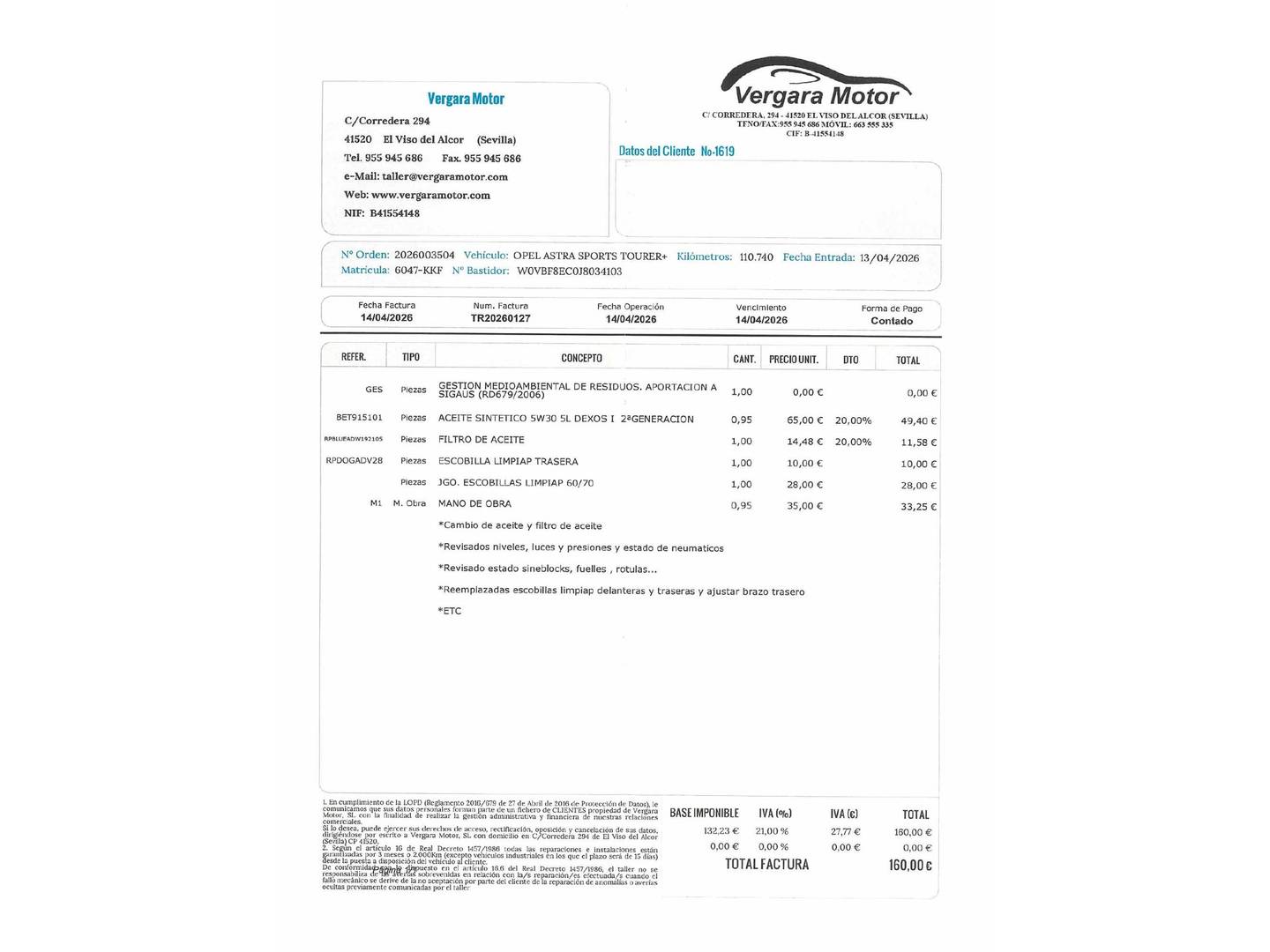 Foto del mantenimiento del Opel Astra Opel Astra 1.4 Turbo S&S Dynamic  (150 CV)