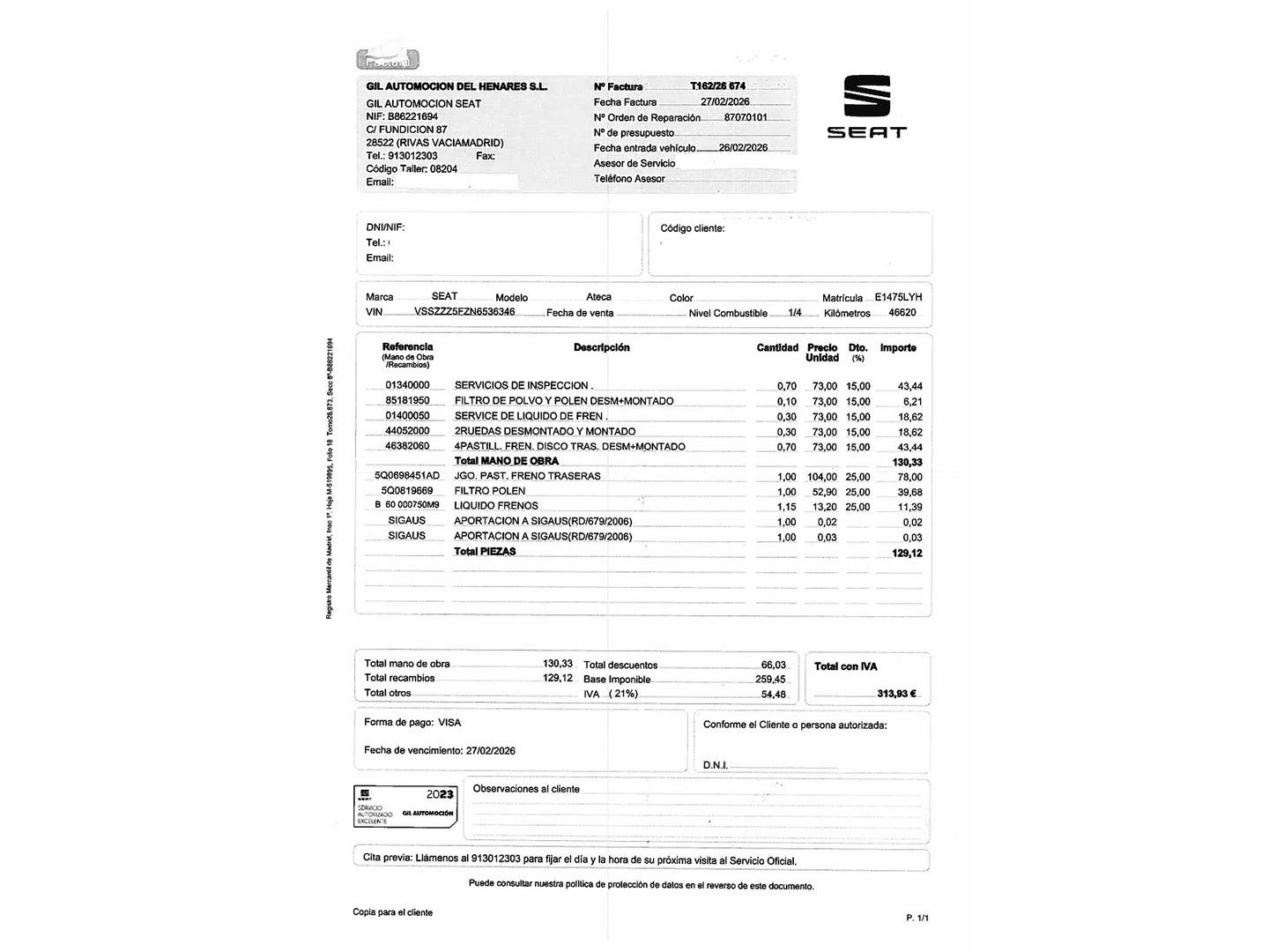 Foto del mantenimiento del Seat Ateca Seat Ateca 2.0 TDI S&S Style DSG (150 CV)