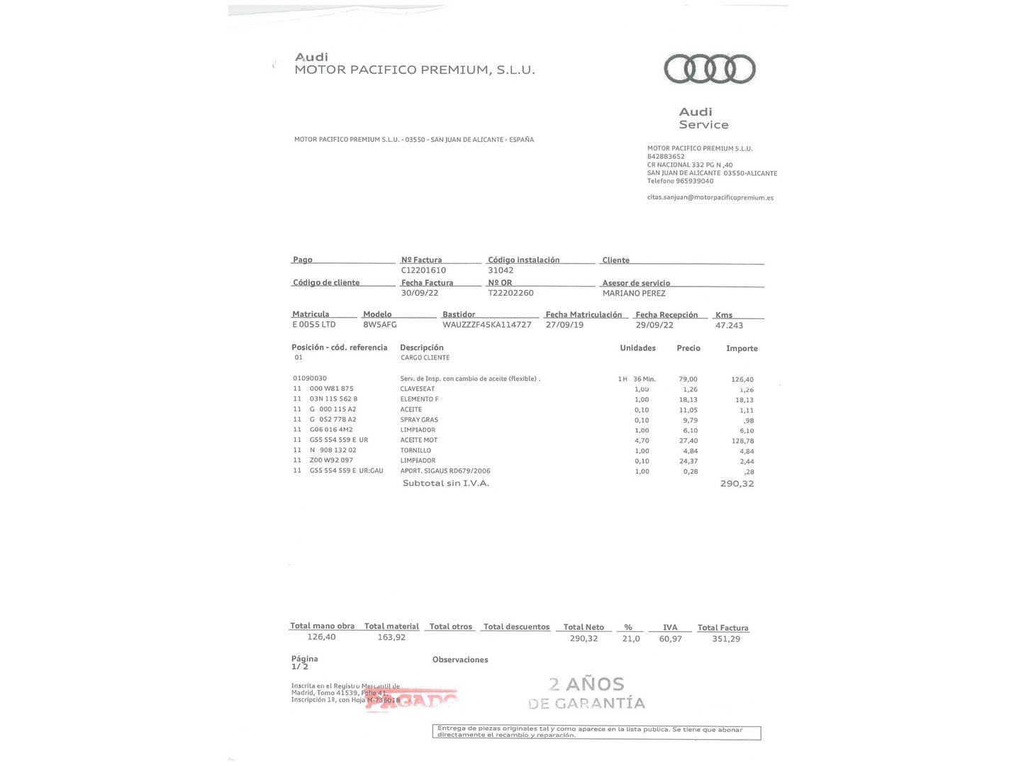 Foto del mantenimiento del Audi A4 Audi A4 Avant Advanced 40 TDI (190 CV) S tronic