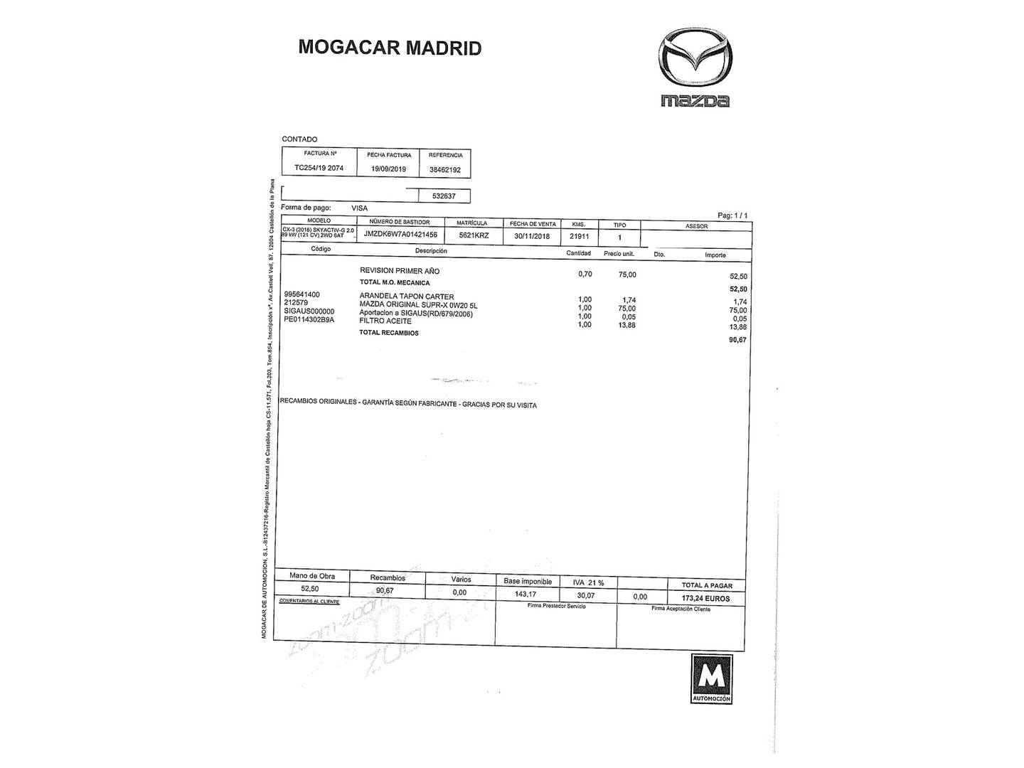 Foto del mantenimiento del Mazda CX-3 Mazda CX-3 2.0 G Zenith 2WD AT (121 CV)