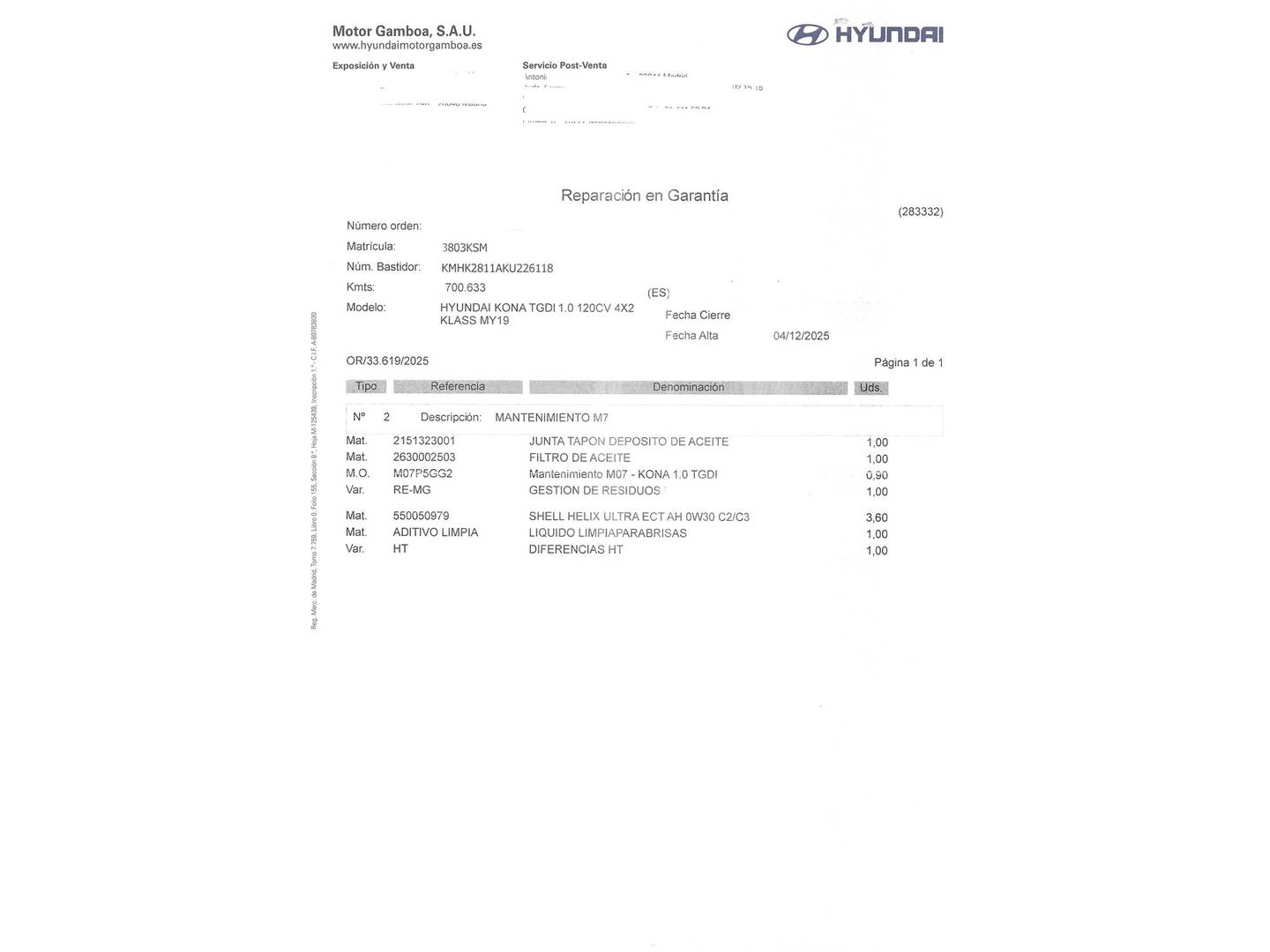 Foto del mantenimiento del Hyundai Kona Hyundai Kona 1.0 TGDI Klass 4x2 (120 CV)