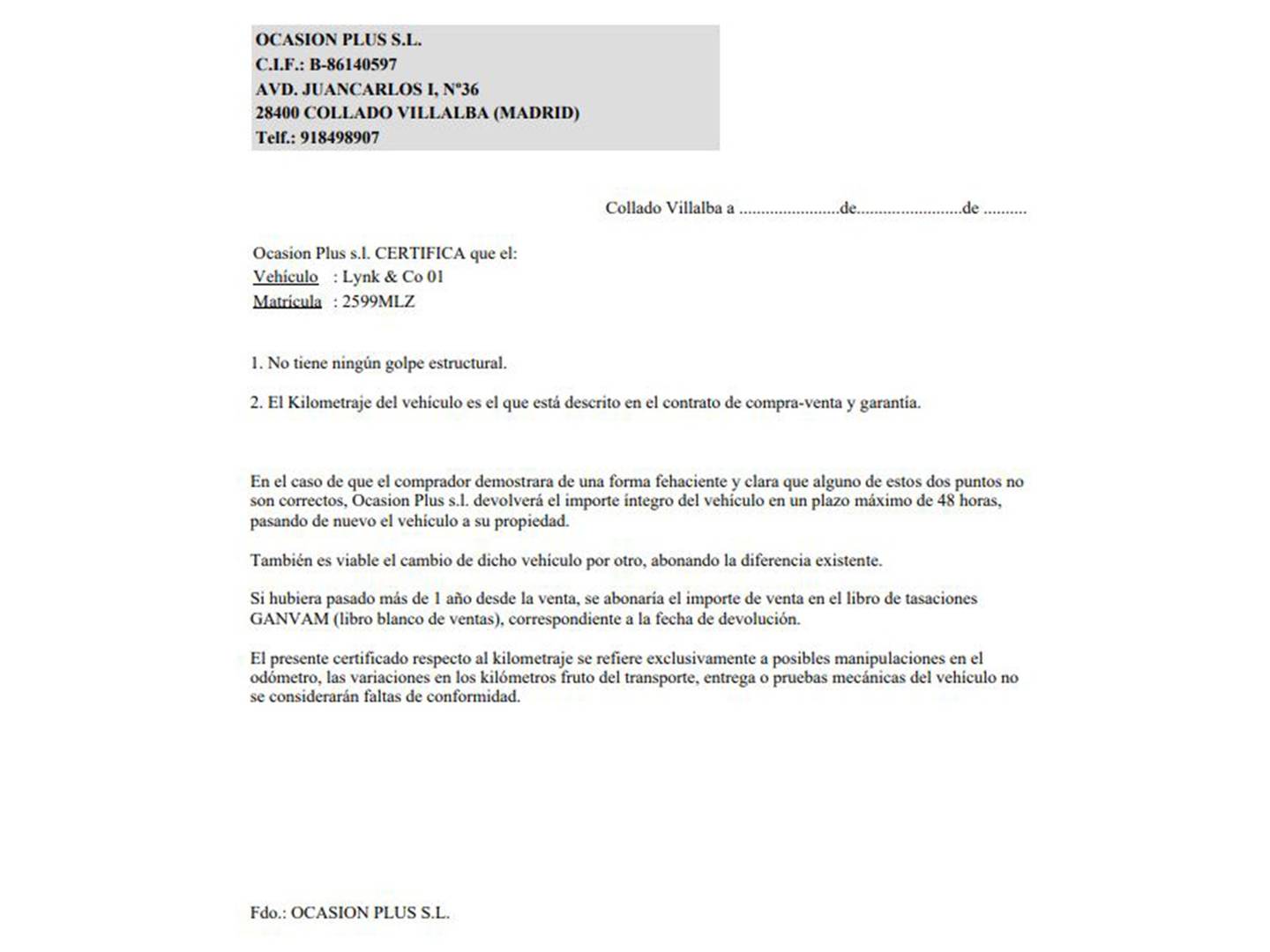 Foto del certificado del Lynk & Co 01 Lynk & Co 01 1.5 PHEV 6.6kW (261 CV)