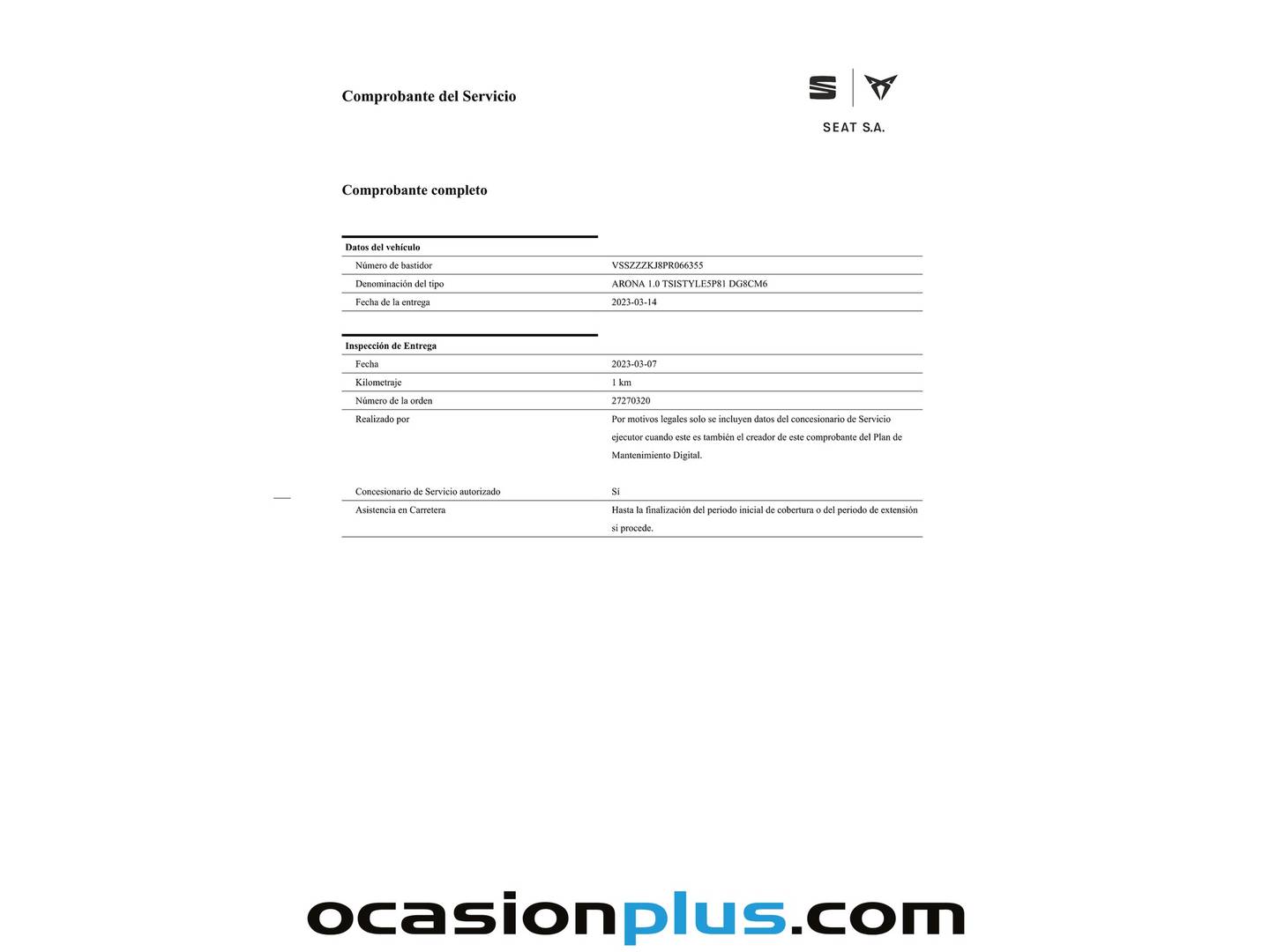 Foto del mantenimiento del Seat Arona Seat Arona 1.0 TSI Style XM Edition (110 CV)
