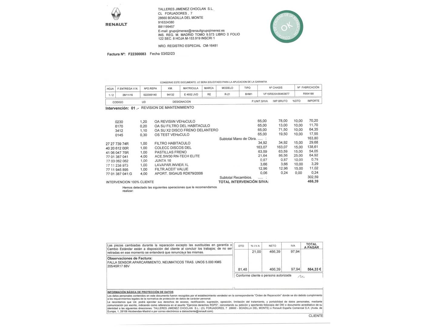 Foto del mantenimiento del Renault Clio Renault Clio Zen Energy TCe (90 CV)