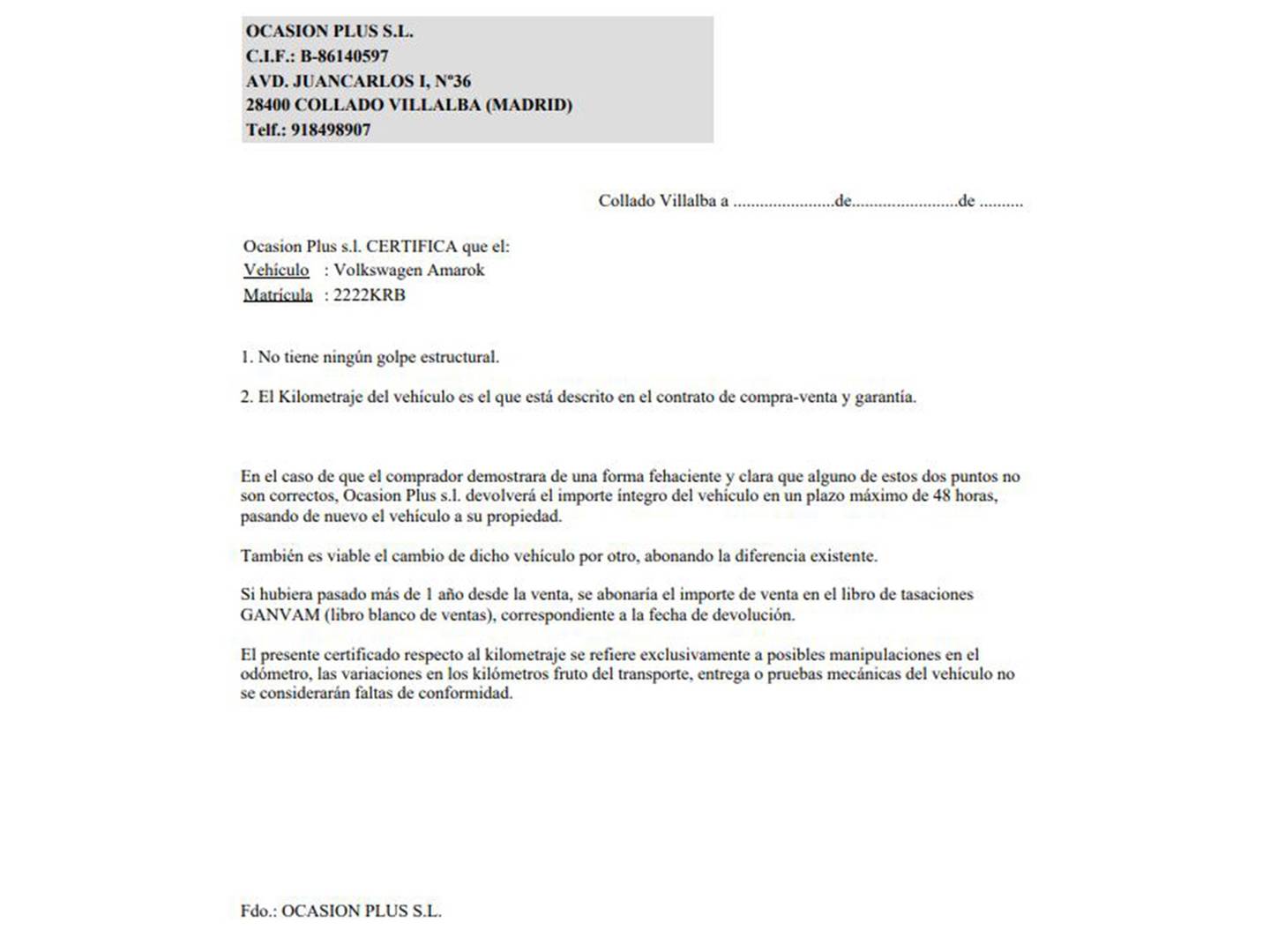 Foto del certificado del Volkswagen Amarok Volkswagen Amarok 3.0 TDI BMT Connectable 4Motion (163 CV)