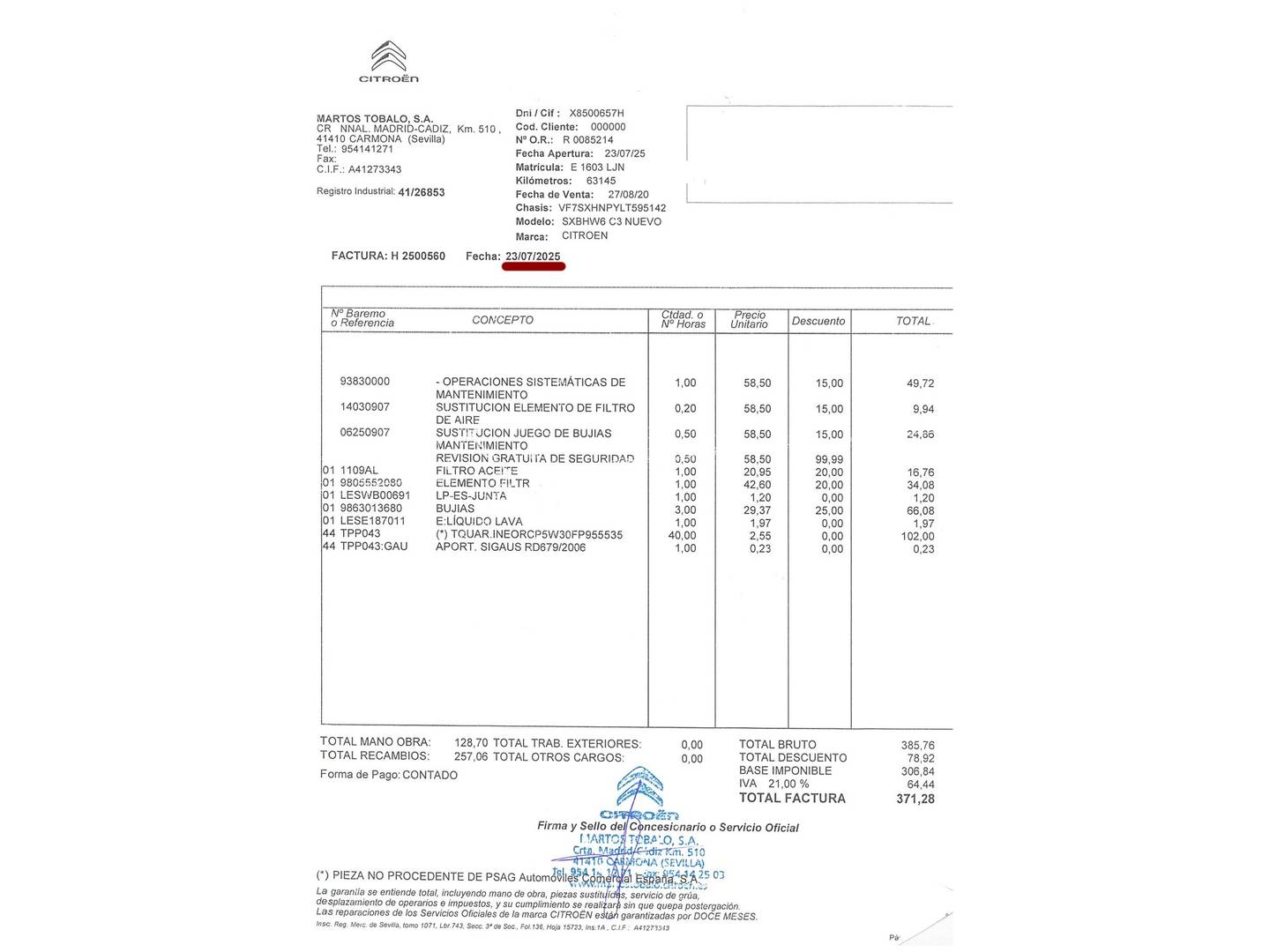 Foto del mantenimiento del Citroën C3 Citroën C3 PureTech 110 S&S Shine EAT6 (110 CV)