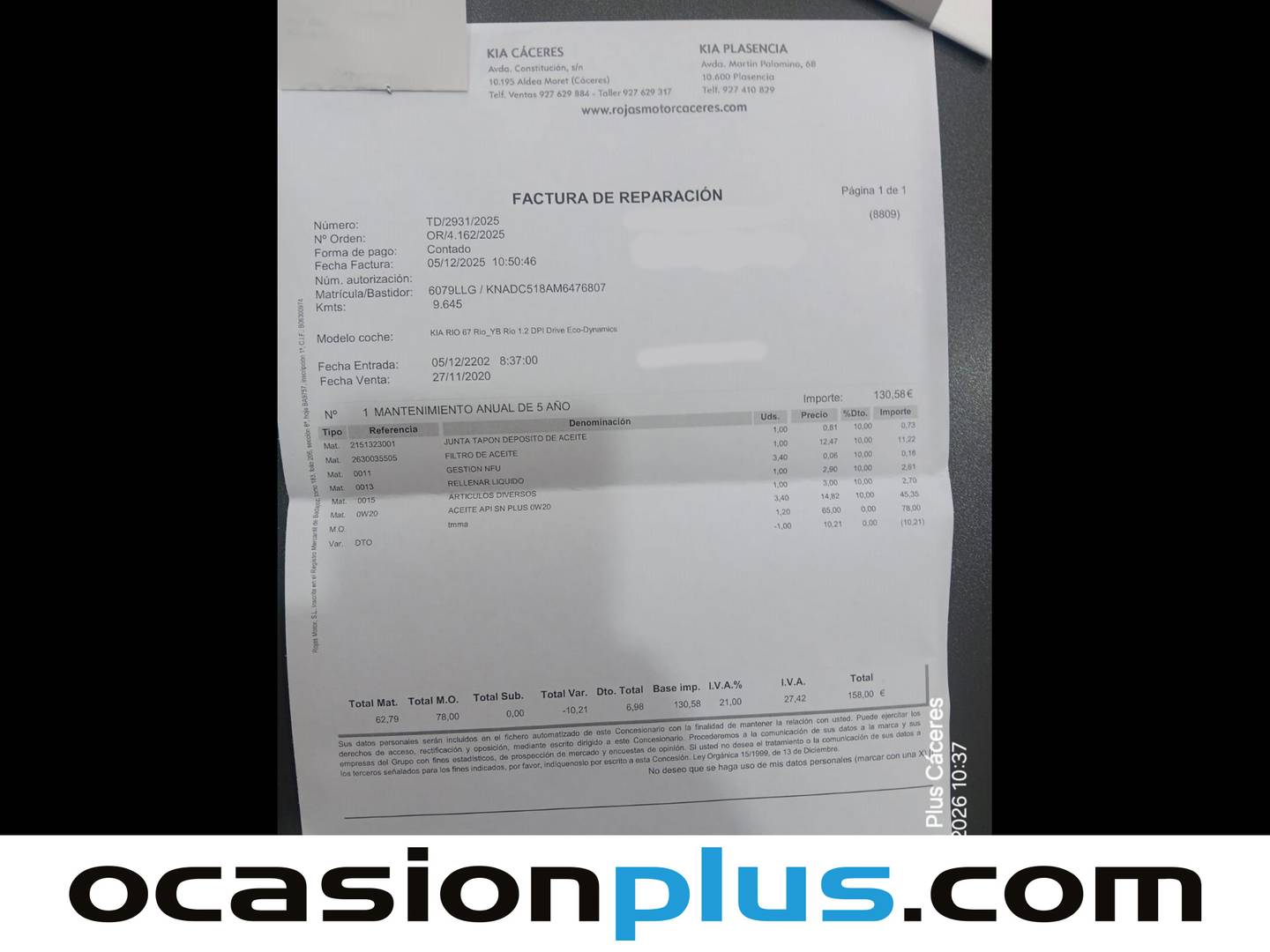 Foto del mantenimiento del KIA Rio KIA Rio 1.2 CVVT Drive (84 CV)