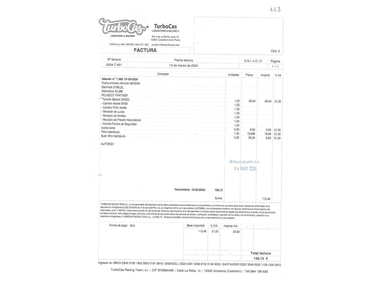 Foto del mantenimiento del Peugeot Partner Peugeot Partner Furgon BlueHDi 100 S&S Pro Standard 600kg (98 CV)