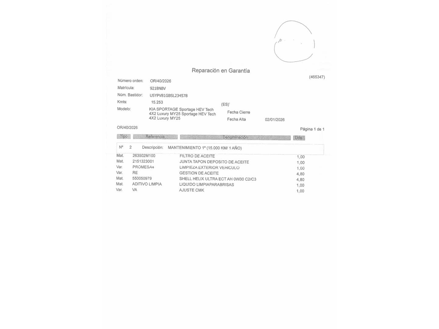 Foto del mantenimiento del KIA Sportage KIA Sportage 1.6 T-GDi HEV Tech 4x2 Auto (215 CV)