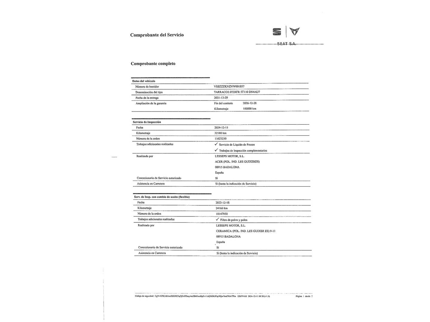 Foto del mantenimiento del Seat Tarraco Seat Tarraco 2.0 TDI S&S FR GO L DSG (150 CV)