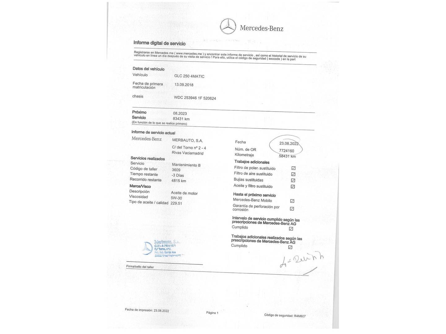 Foto del mantenimiento del Mercedes Clase GLC Mercedes GLC 250 4MATIC  (211 CV)
