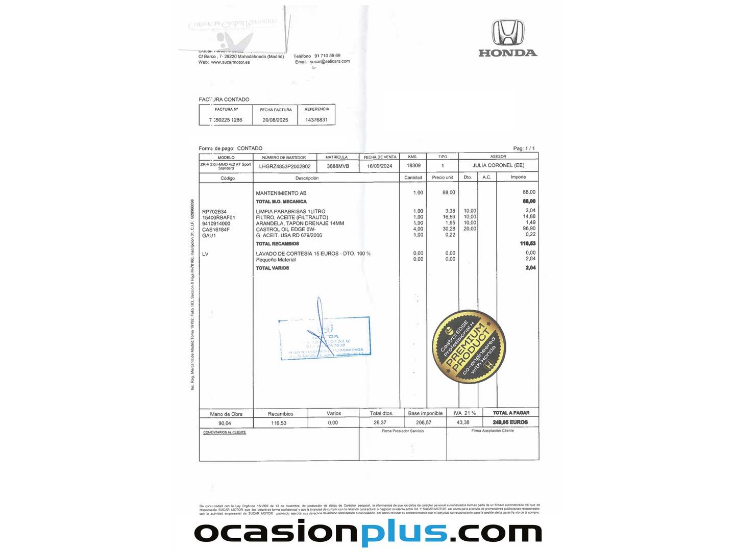 Foto del mantenimiento del Honda ZR-V Honda ZR-V 2.0 i-MMD Sport CVT (184 CV)