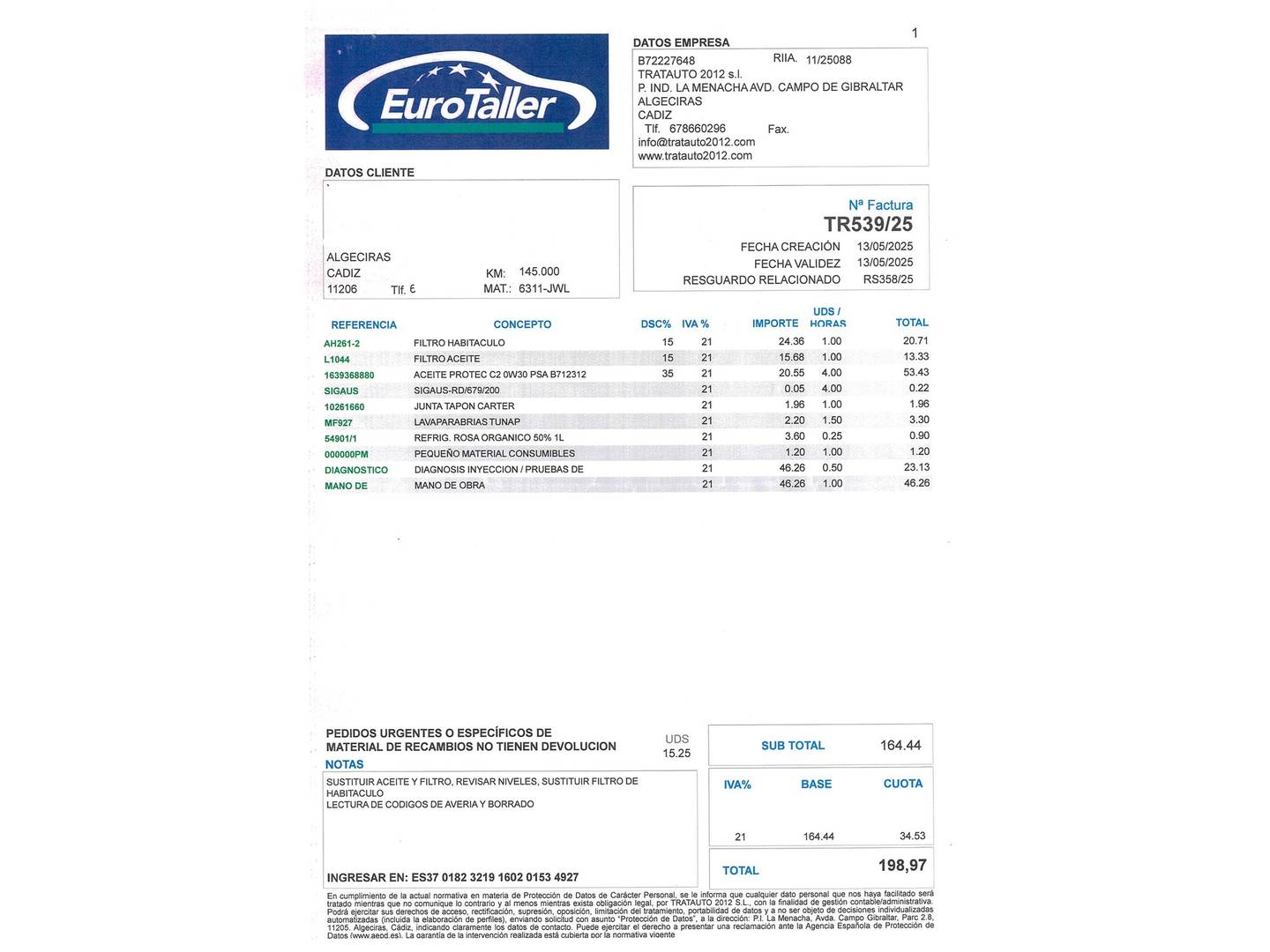 Foto del mantenimiento del Peugeot Partner Peugeot Partner Tepee BlueHDi 100 Access (100 CV)