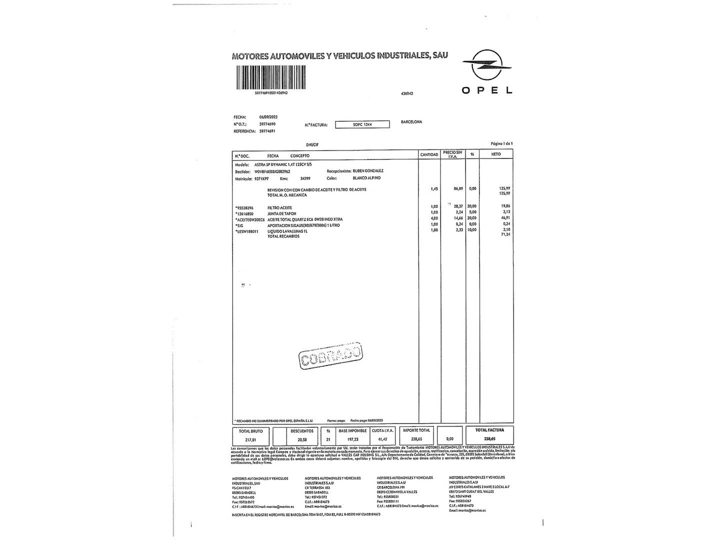 Foto del mantenimiento del Opel Astra Opel Astra 1.4 Turbo S&S Dynamic (125 CV)