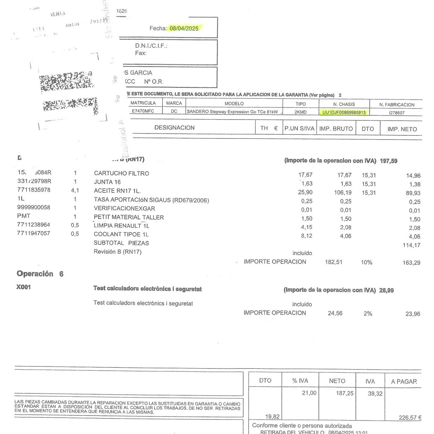 Foto del mantenimiento del Dacia Sandero Dacia Sandero Stepway Expression Go TCe (110 CV)