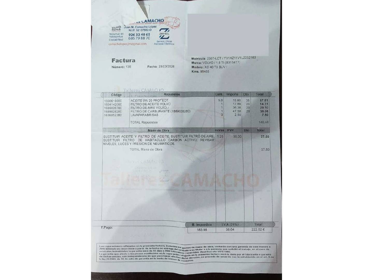 Foto del mantenimiento del Volvo XC40 Volvo XC40 T3 Business Plus (163 CV)