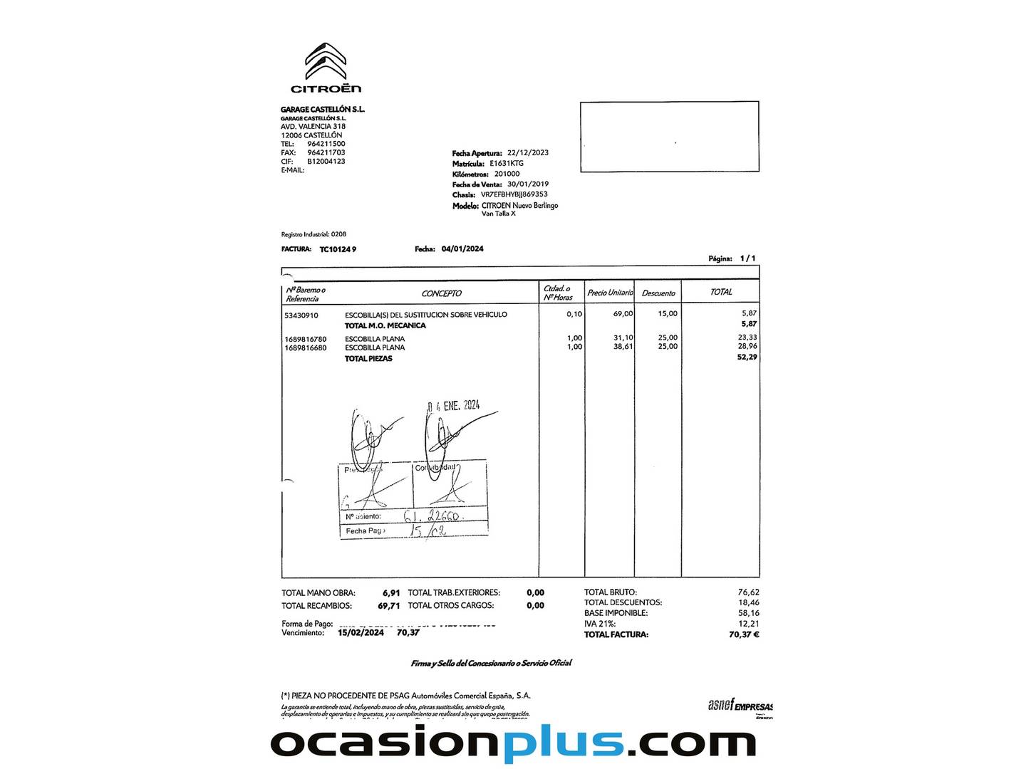 Foto del mantenimiento del Citroën Berlingo Citroën Berlingo BlueHDi 100 Talla XL Club (100 CV)