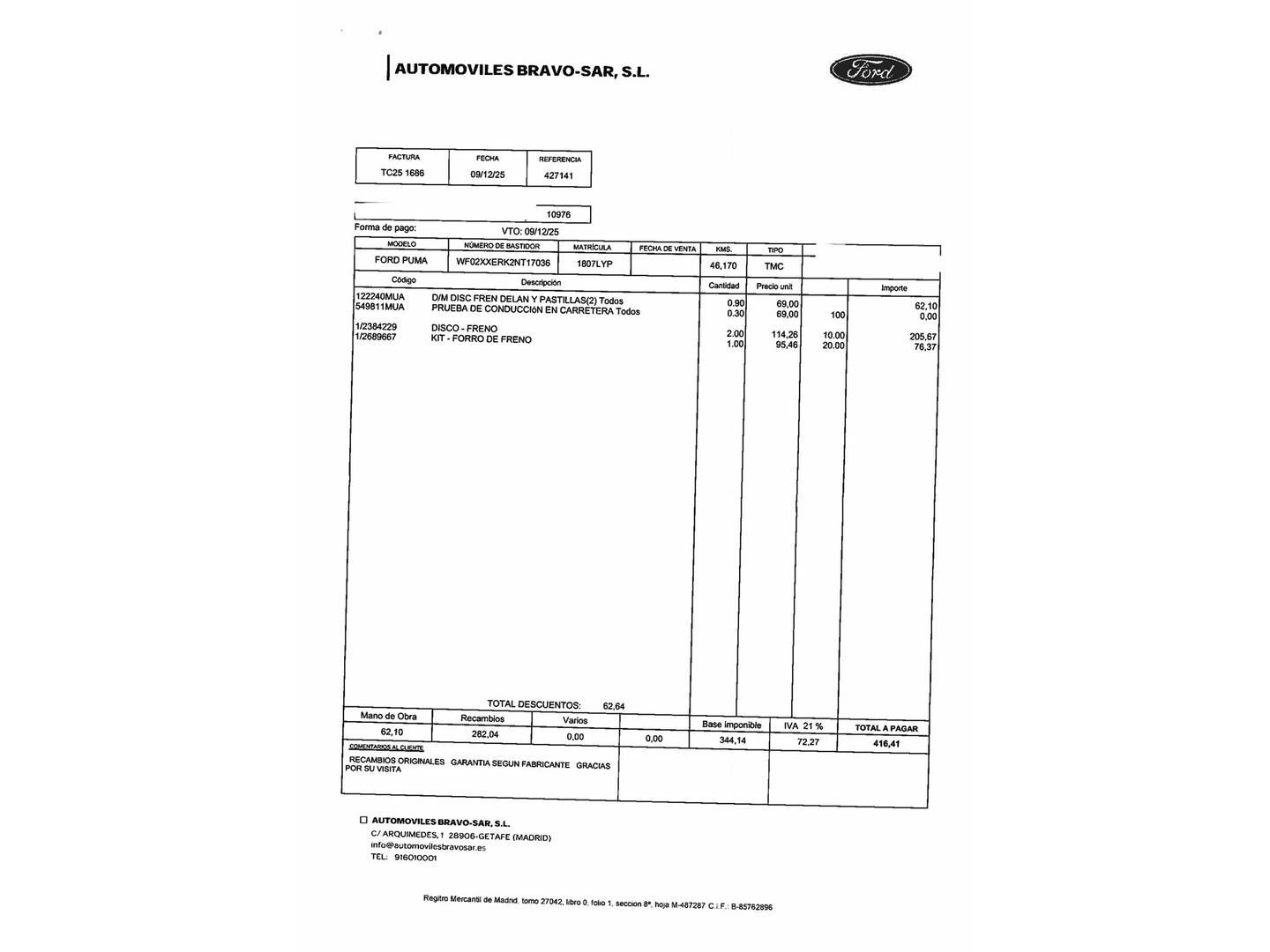 Foto del mantenimiento del Ford Puma Ford Puma 1.0 EcoBoost MHEV ST-Line Design (125 CV)