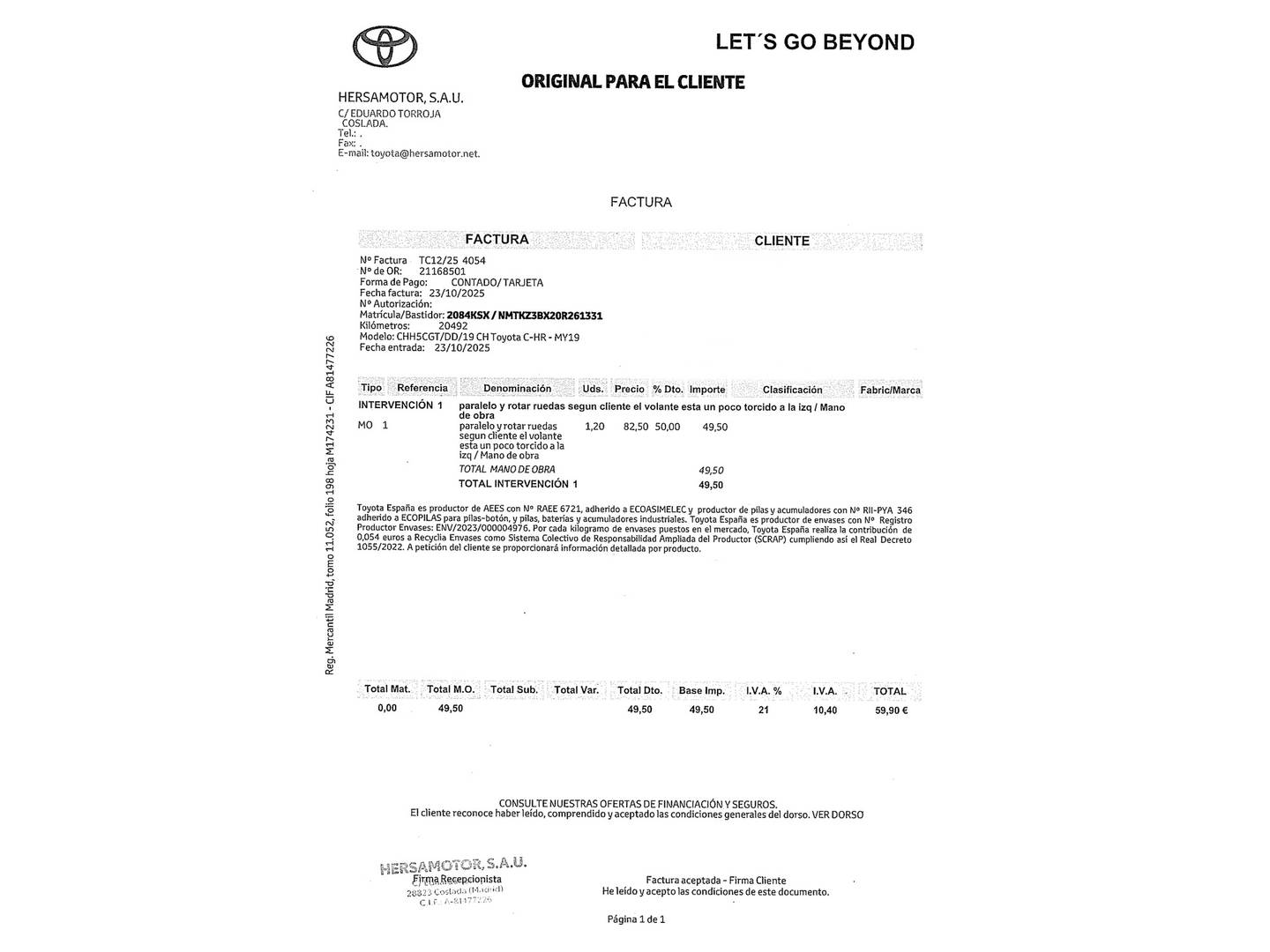 Foto del mantenimiento del Toyota C-HR Toyota C-HR 1.8 125H Advance (122 CV)