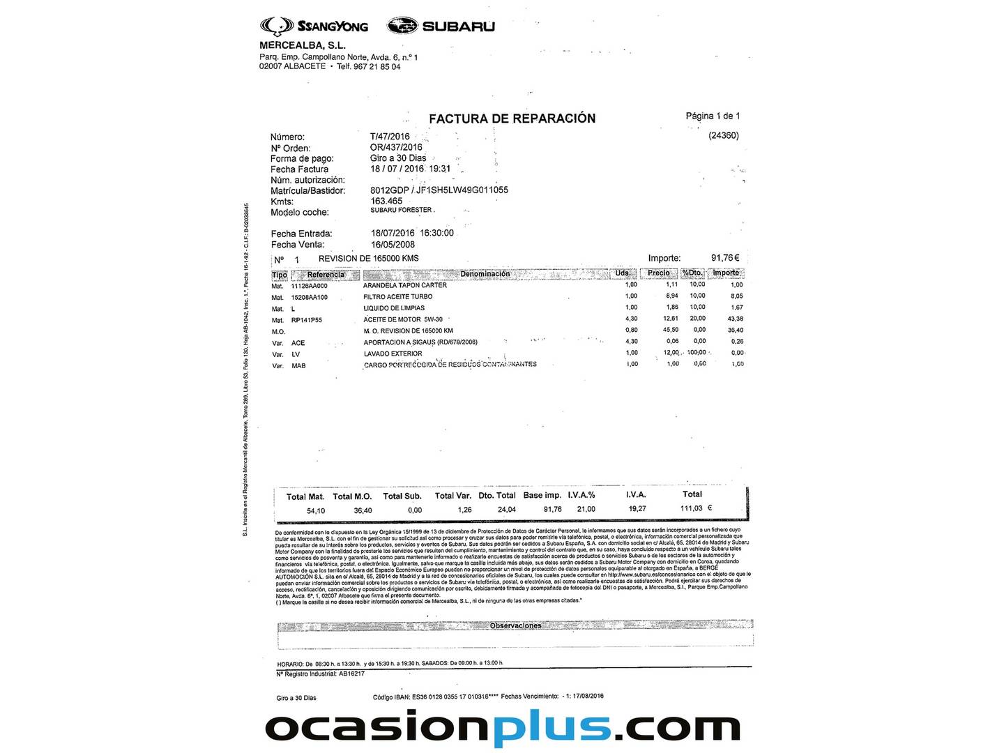 Foto del mantenimiento del Subaru Forester Subaru Forester XS Limited (150 CV) GLP