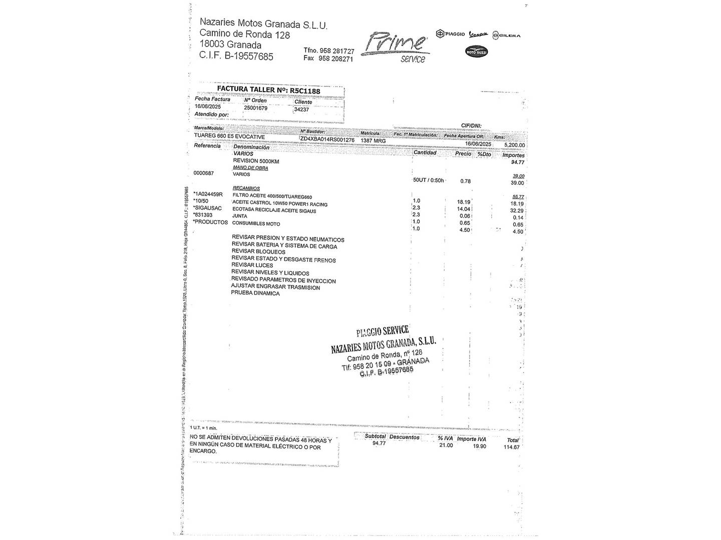 Foto del mantenimiento del Aprilia Tuareg 660 Aprilia Tuareg 660 (80 CV)