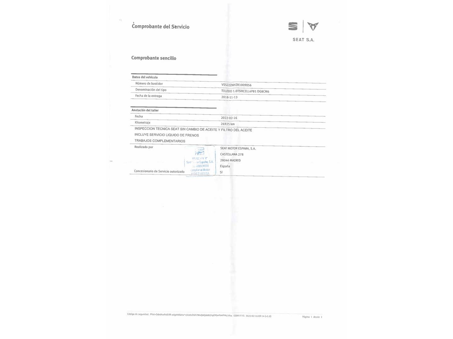 Foto del mantenimiento del Seat Toledo Seat Toledo 1.0 TSI S&S Xcellence Edition (110 CV)