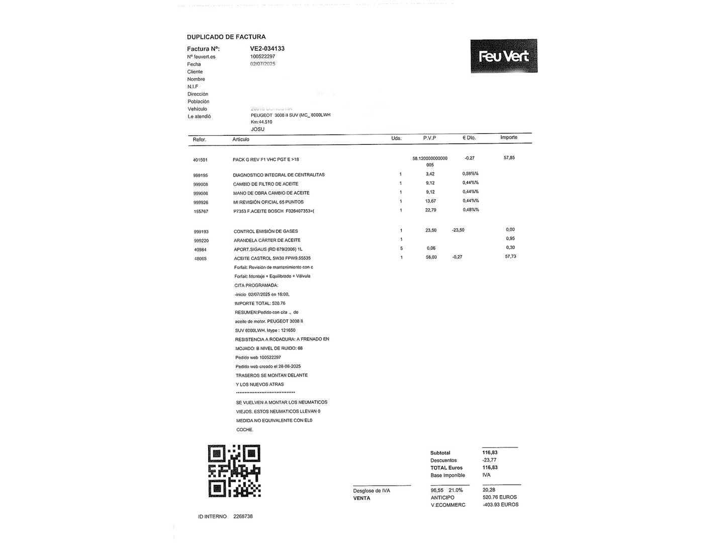 Foto del mantenimiento del Peugeot 3008 Peugeot 3008 PureTech 130 S&S GT (130 CV)
