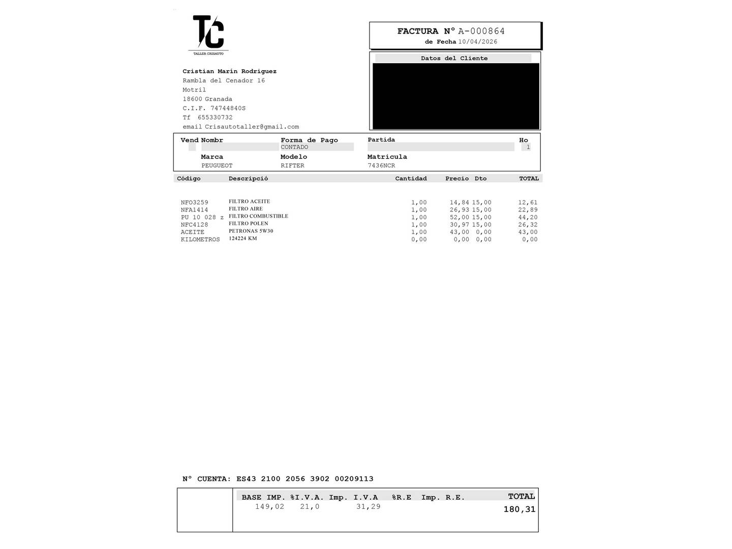 Foto del mantenimiento del Peugeot Rifter Peugeot Rifter BlueHDi 100 Active Standard (100 CV)