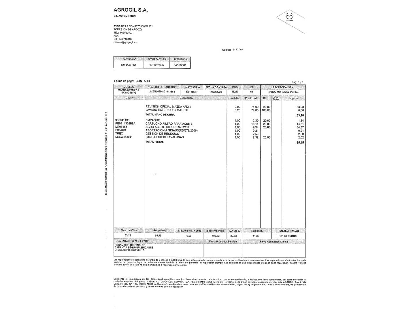 Foto del mantenimiento del Mazda Mazda6 Mazda Mazda 6 2.5 SKYACT-G Zenith Black Sky Auto (194 CV)