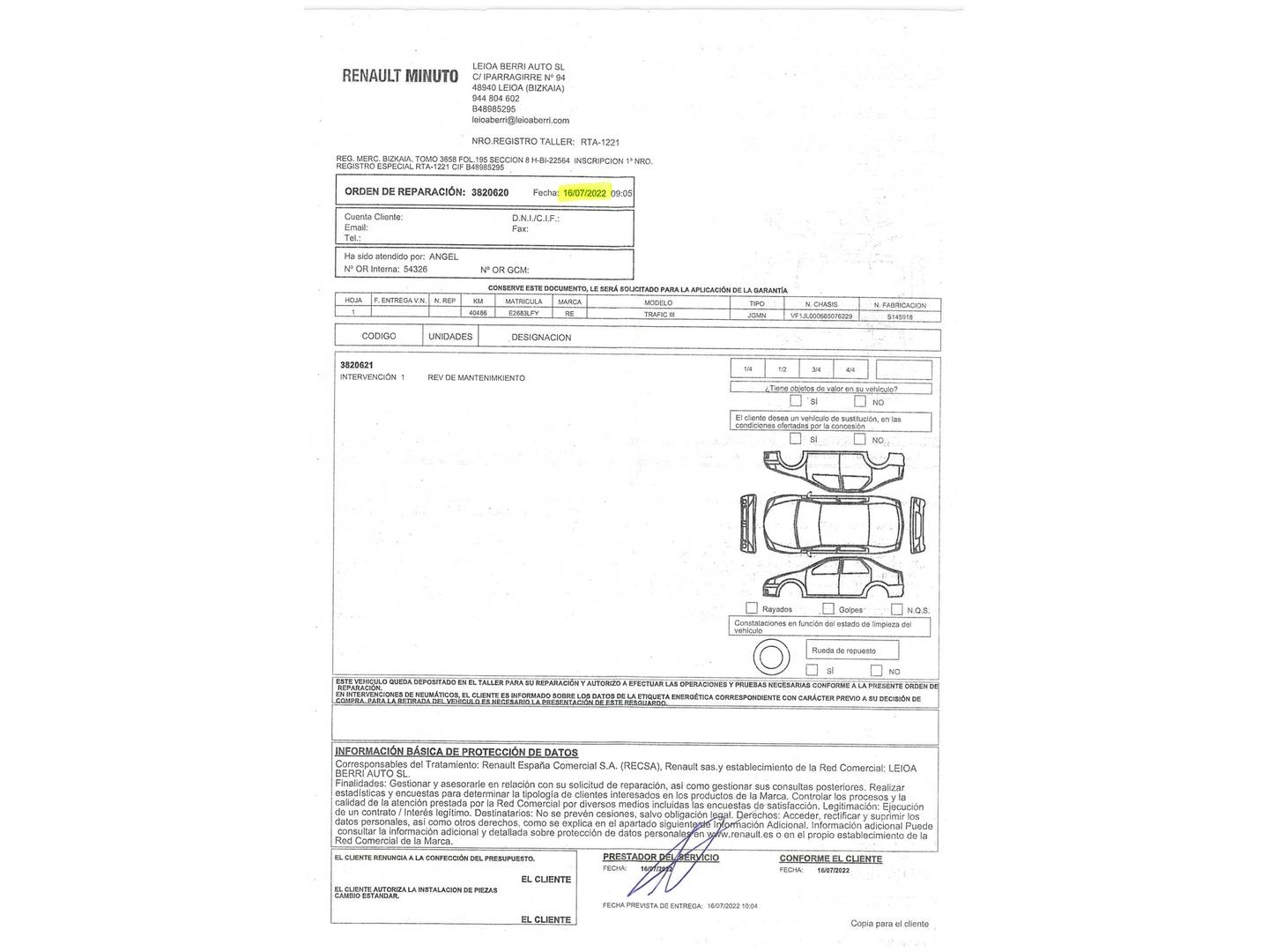 Foto del mantenimiento del Renault Trafic Renault Trafic Passenger Largo Energy Blue dCi  (120 CV) Camperizada 4 Plazas