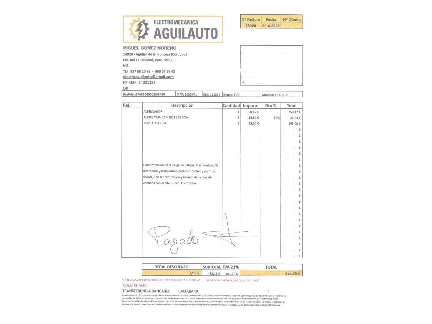 Foto del mantenimiento del Fiat Tipo Fiat Tipo 1.4 T-Jet Gasolina/GLP Easy (120 CV)