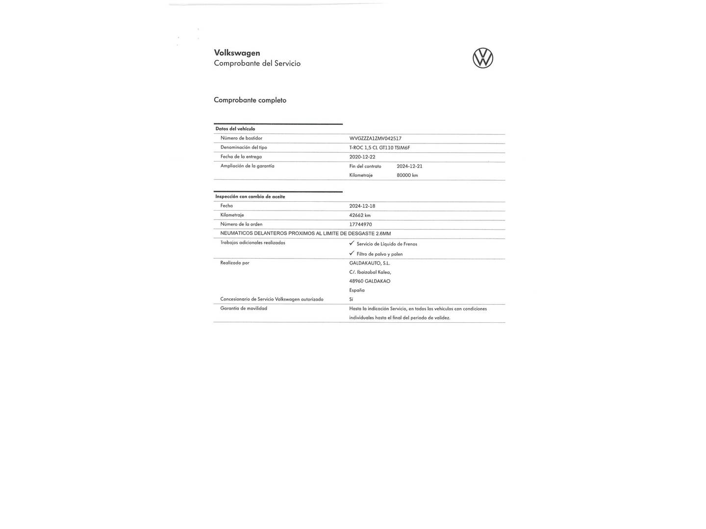 Foto del mantenimiento del Volkswagen T-Roc Volkswagen T-Roc Advance Style 1.5 TSI (150 CV)