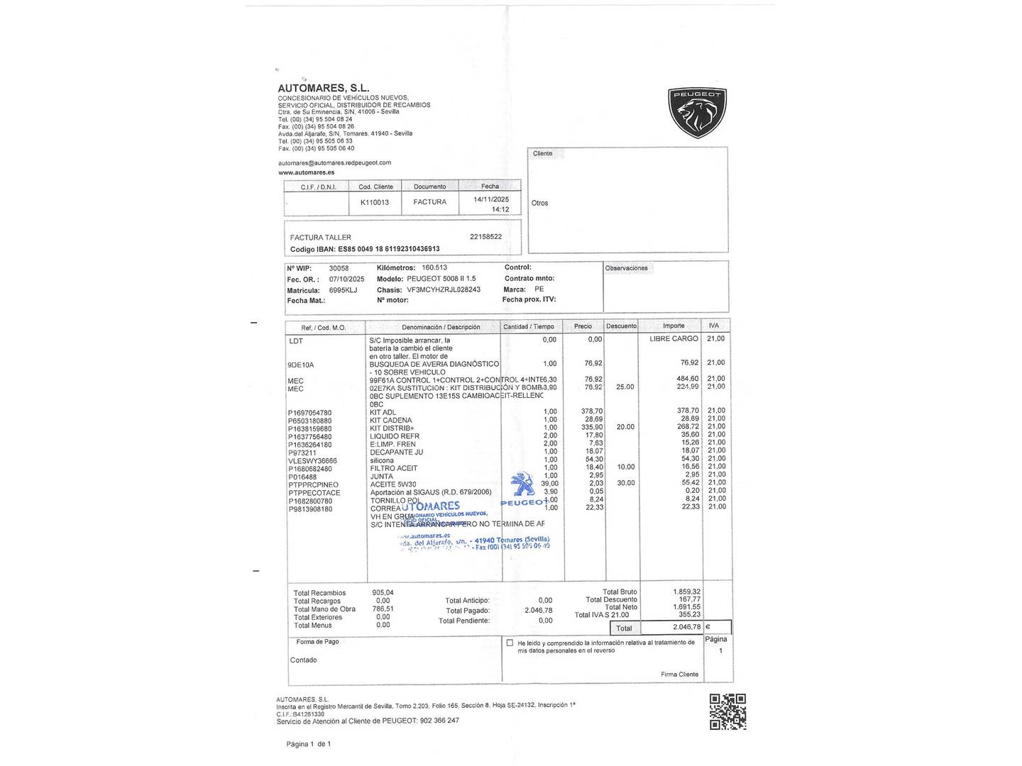 Foto del mantenimiento del Peugeot 5008 Peugeot 5008 BlueHDI 130 S&S GT Line EAT8 (130 CV) 7 Plazas