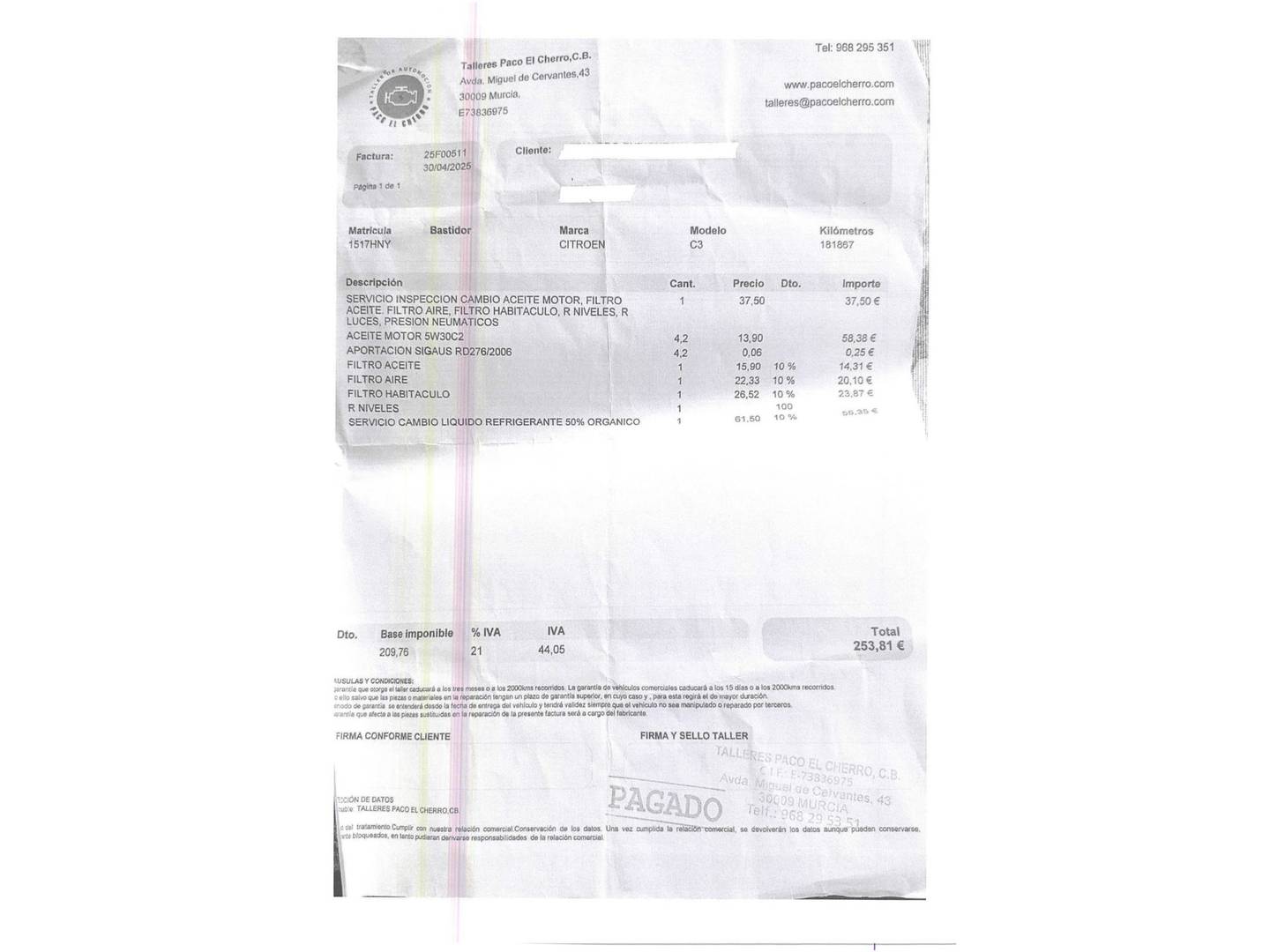 Foto del mantenimiento del Citroën C3 Citroen C3 HDI 70 Tonic (68 CV)