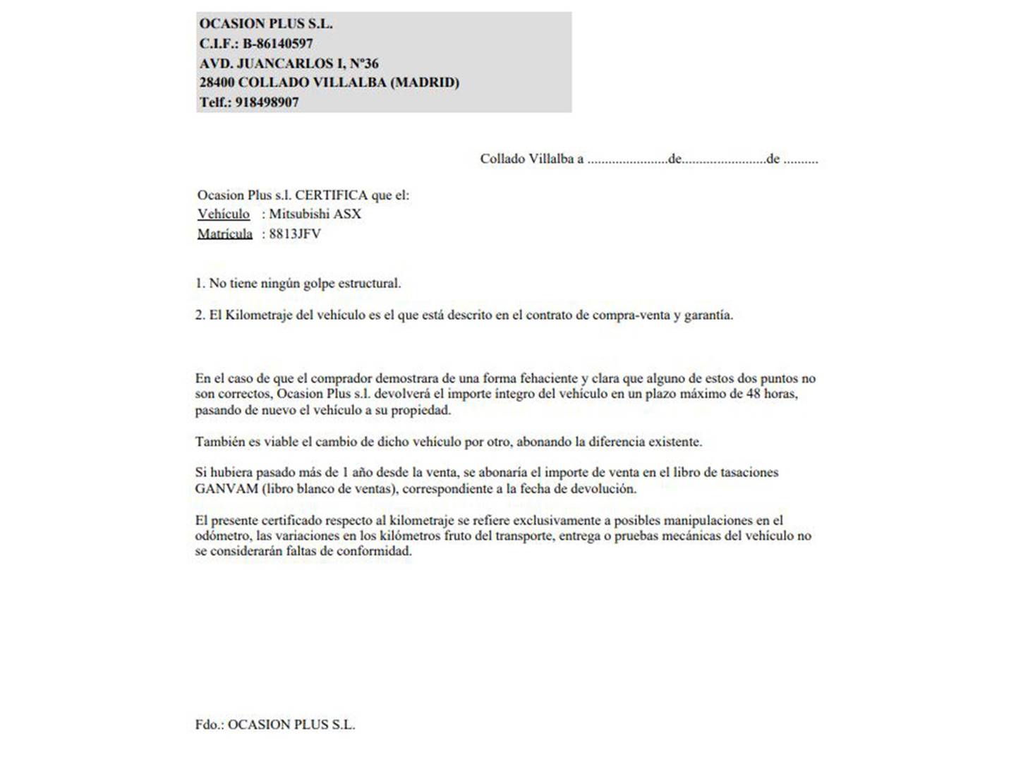Foto del certificado del Mitsubishi ASX Mitsubishi ASX 220 DI-D Kaiteki 4WD Auto (150 CV)