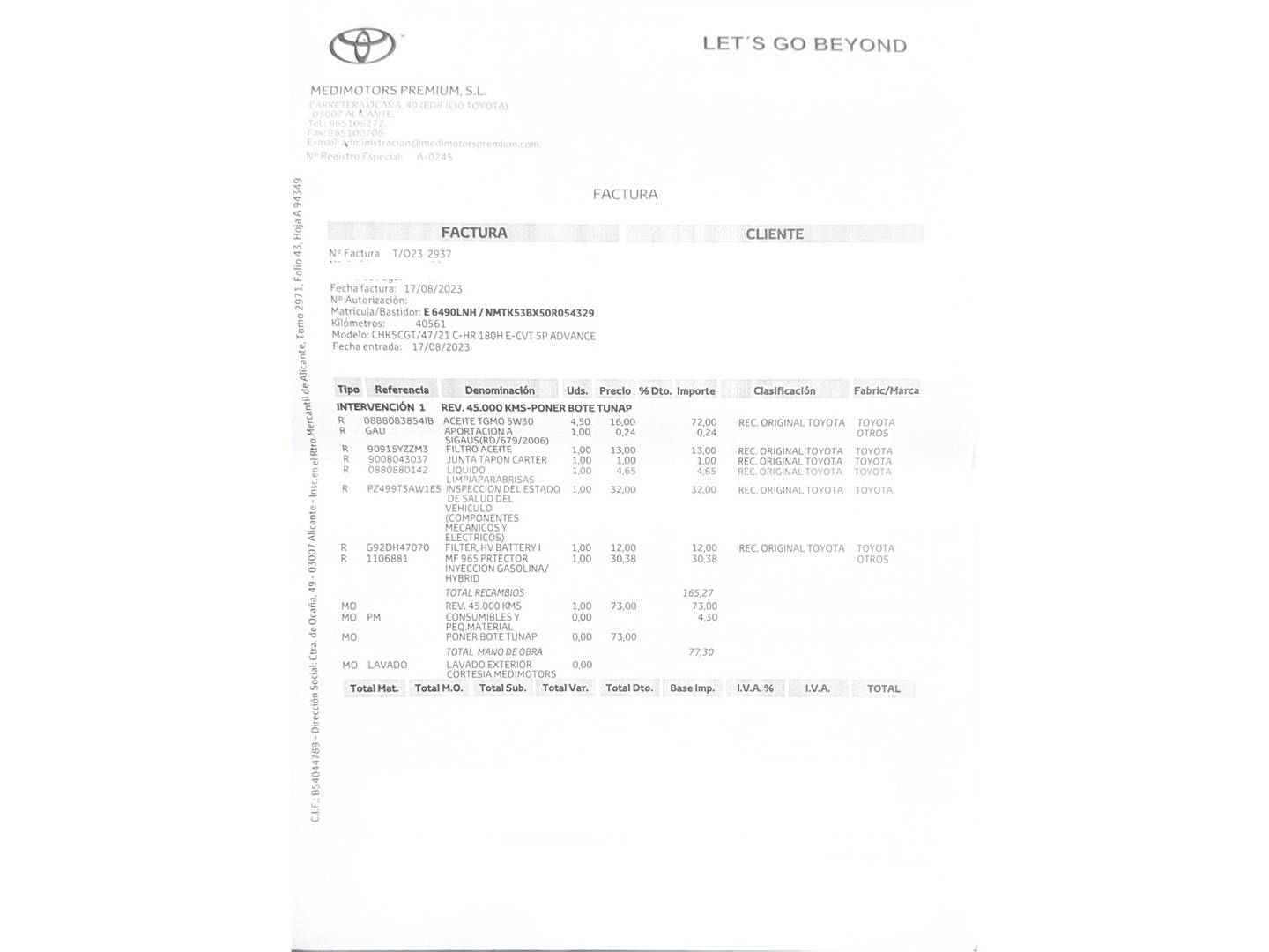 Foto del mantenimiento del Toyota C-HR Toyota C-HR 180H Advance (184 CV)