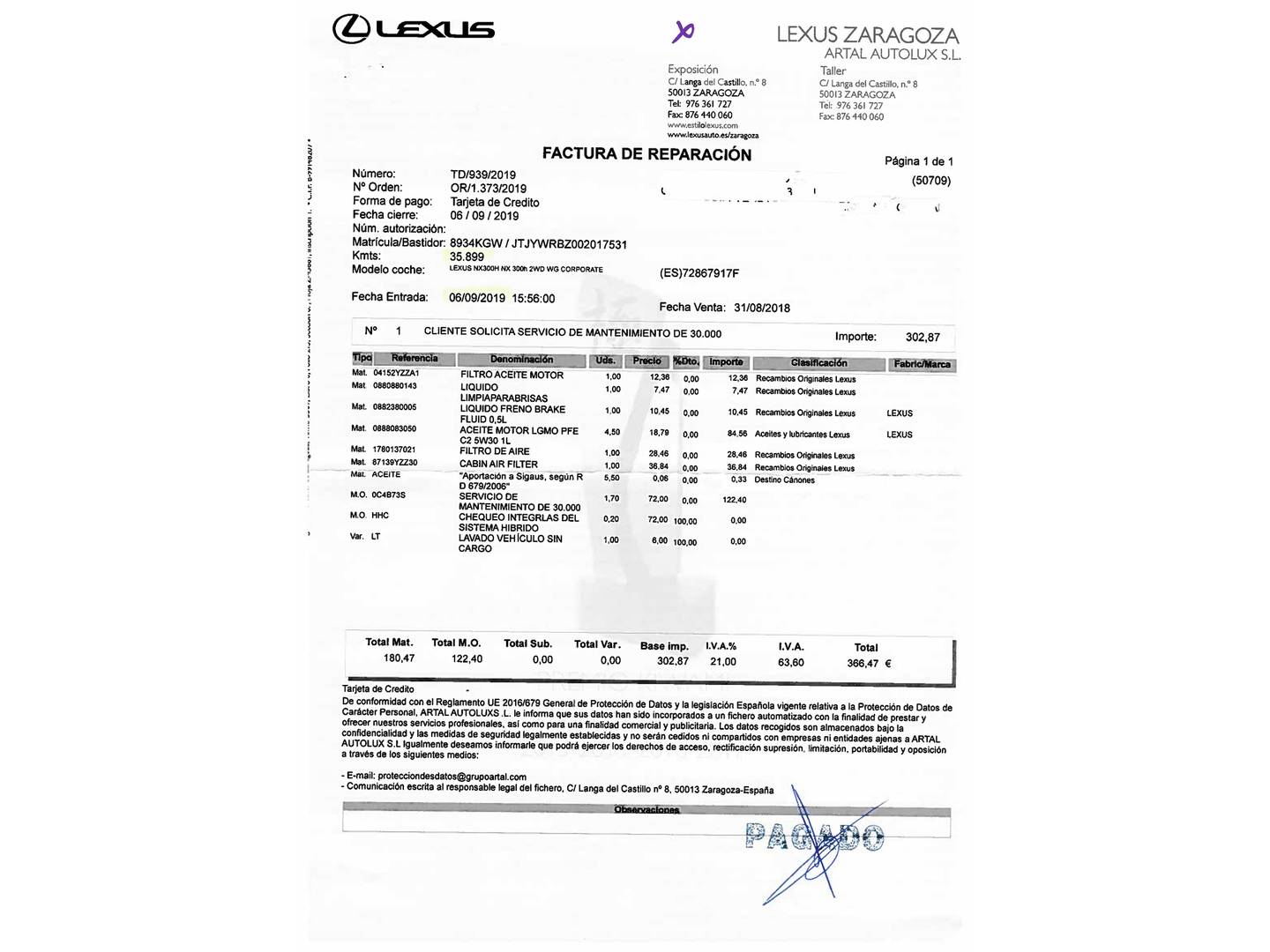 Foto del mantenimiento del Lexus NX Lexus NX 300h Business 2WD (197 CV)