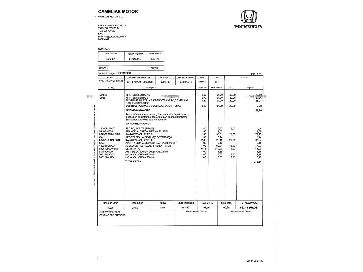 Foto del mantenimiento del Honda Civic Honda Civic 2.0 I-VTEC Turbo Type R GT (320 CV)