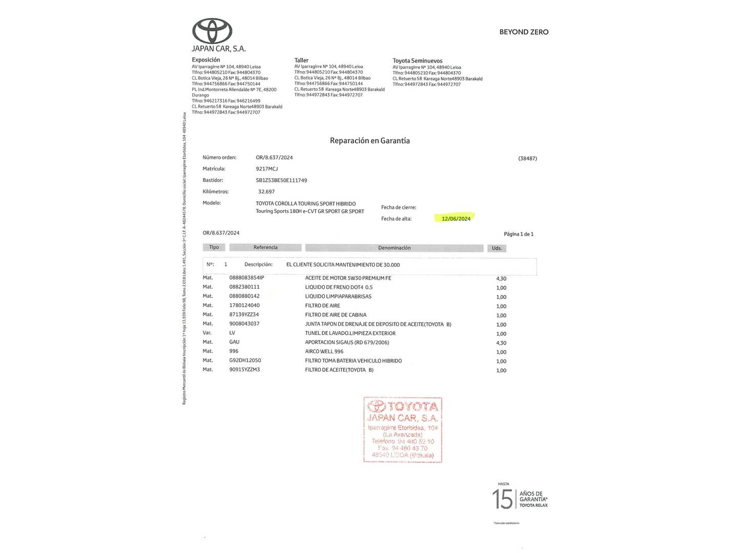 Foto del mantenimiento del Toyota Corolla Toyota Corolla 180H Touring Sports GR-Sport E-CVT (180 CV)