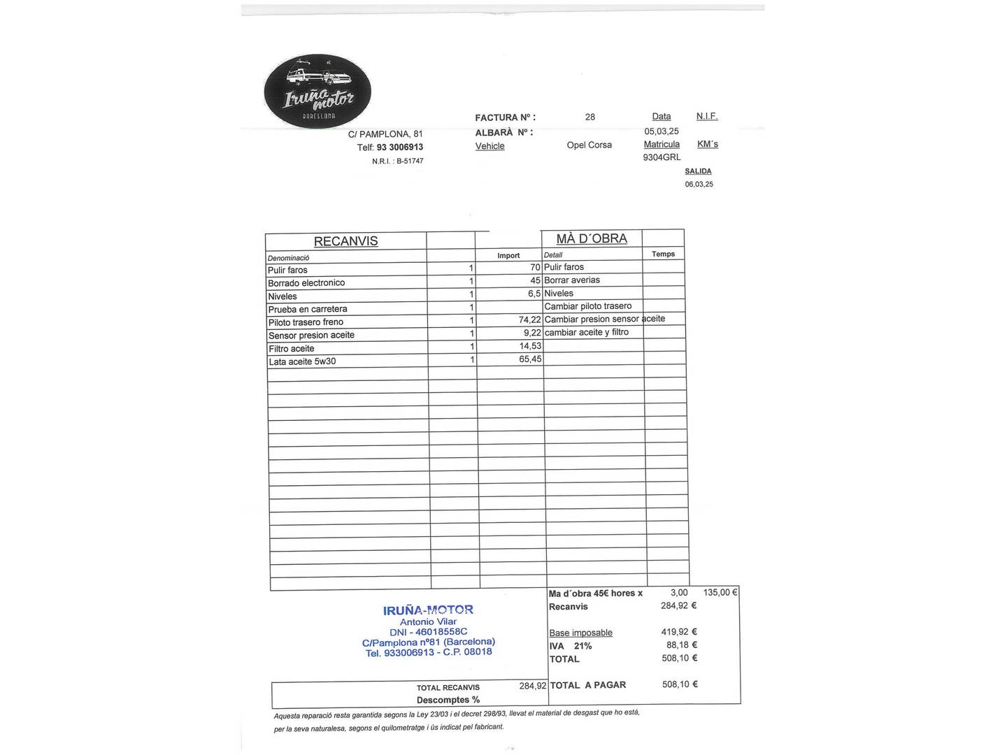 Foto del mantenimiento del Opel Corsa Opel Corsa 1.4 C'Mon (90 CV)