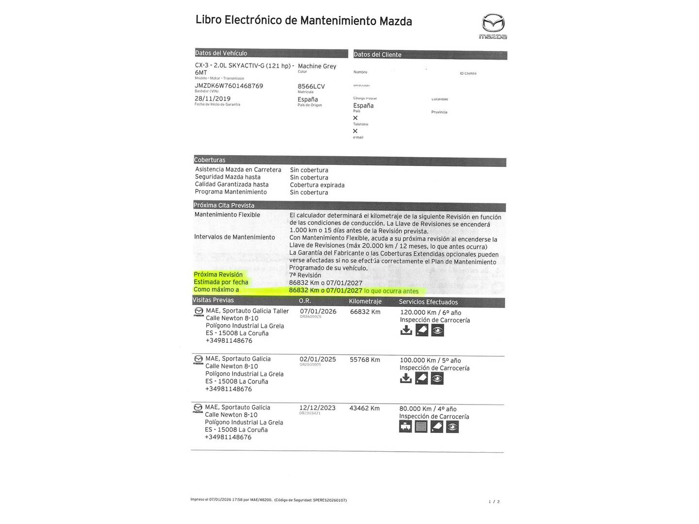 Foto del mantenimiento del Mazda CX-3 Mazda CX-3 2.0 G Zenith 2WD (121 CV)