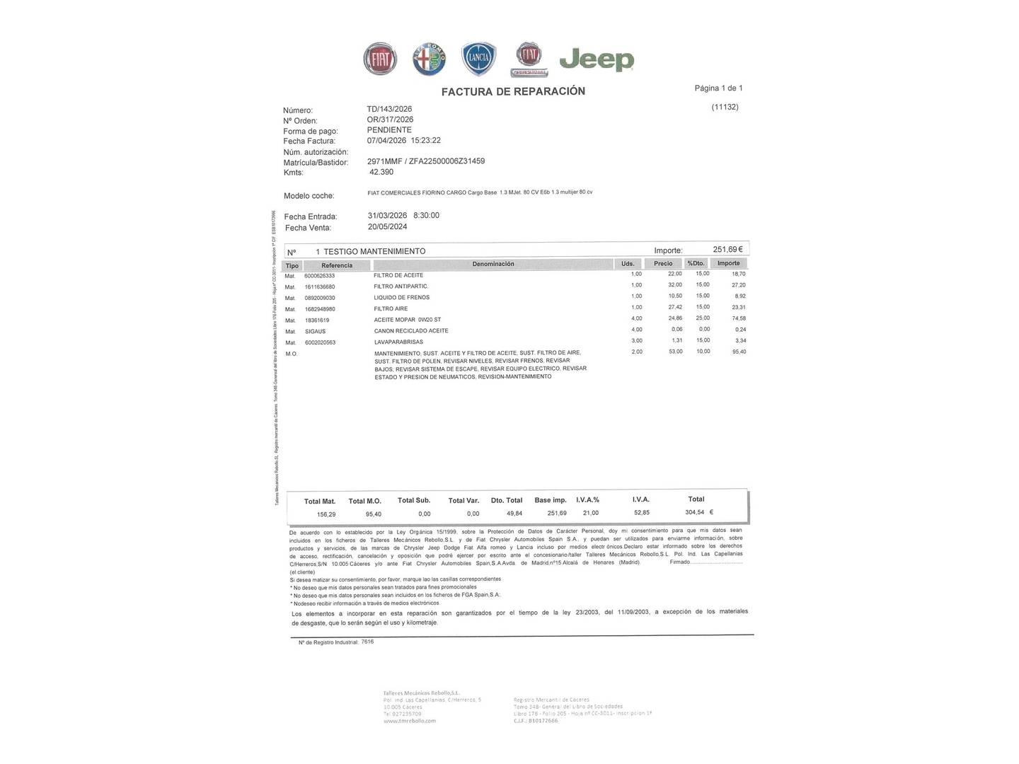Foto del mantenimiento del Fiat Fiorino Fiat Fiorino Cargo Furgon 1.3 Multijet SX N1 (80 CV)